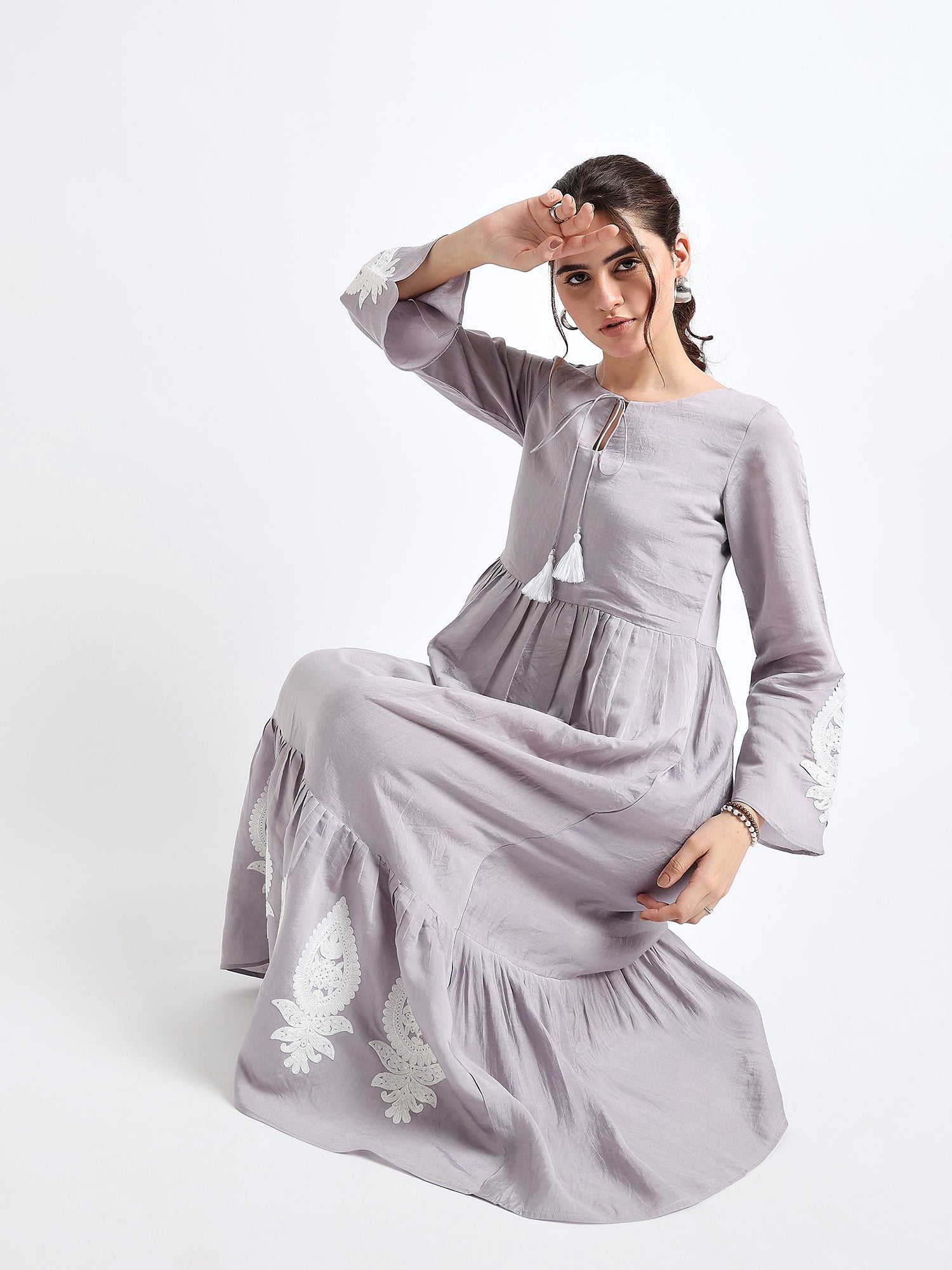 Grey Embroidered Tiered Midi Dress