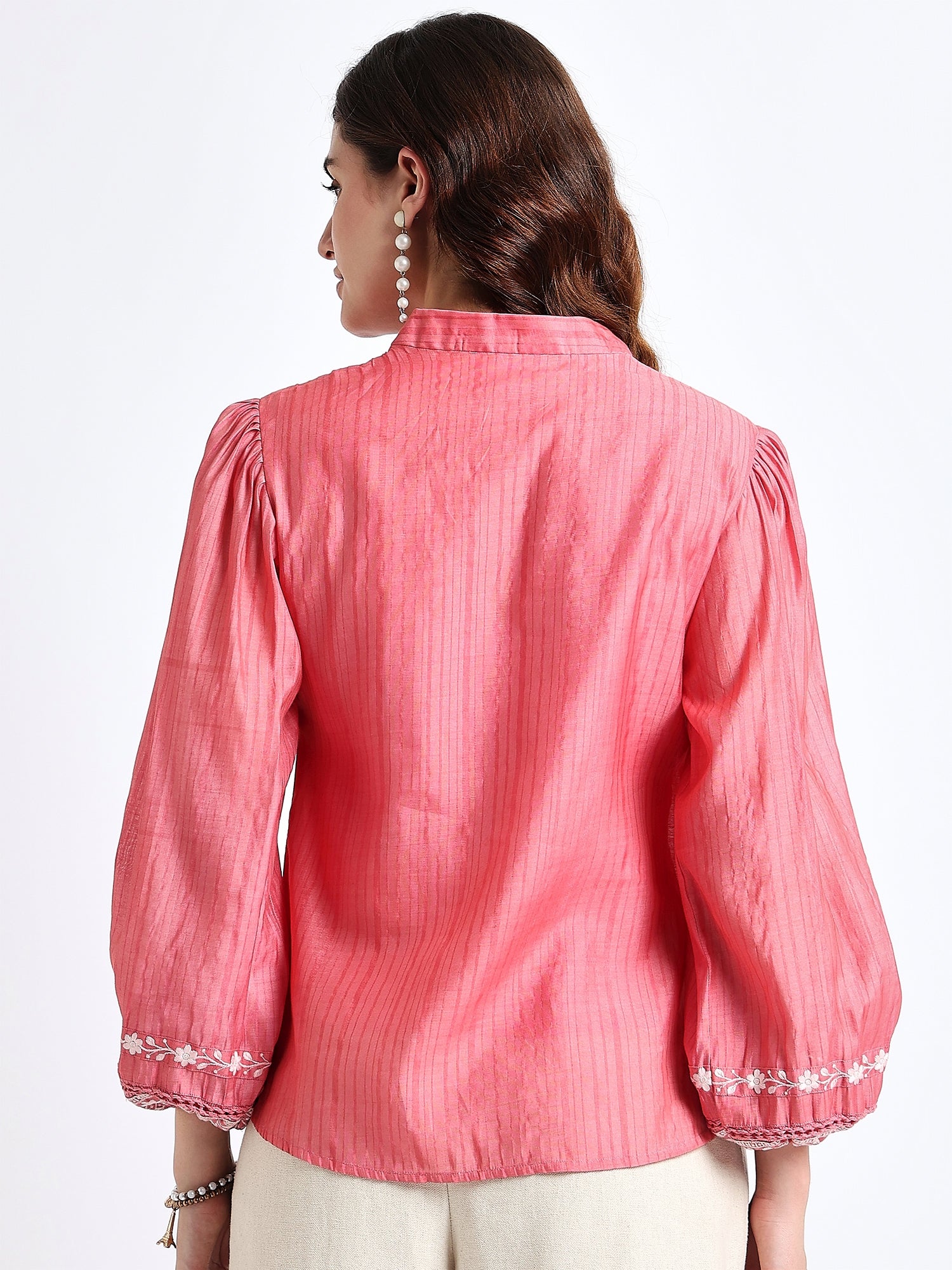 Pink Embroidered Lace Up Top