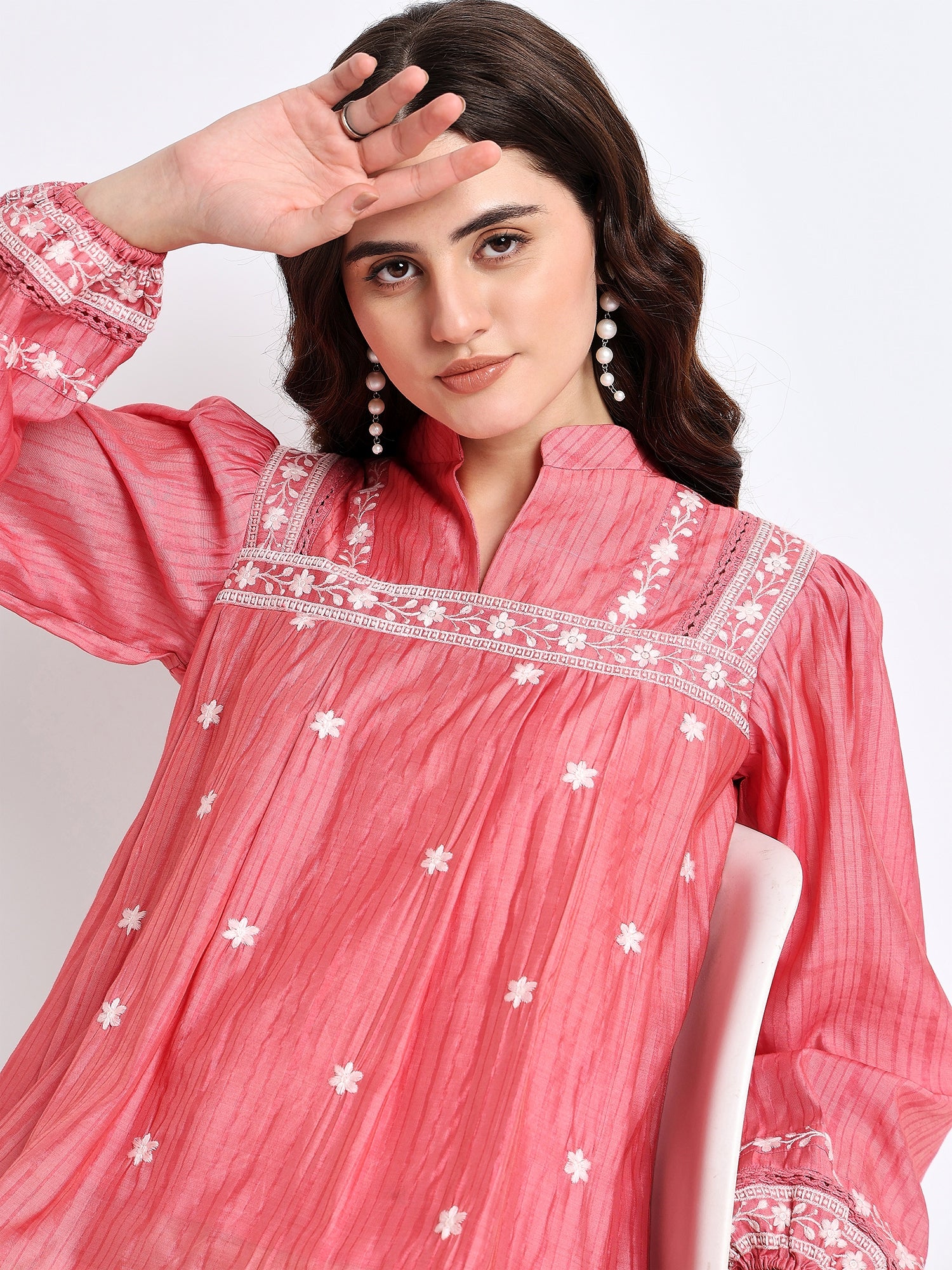 Pink Embroidered Lace Up Top