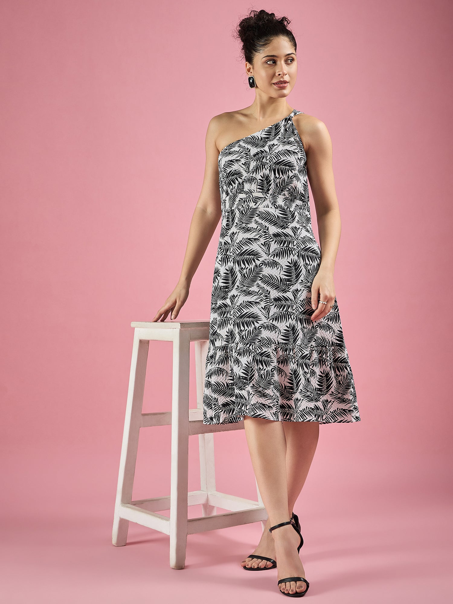 White and Black Tropical Print Dress