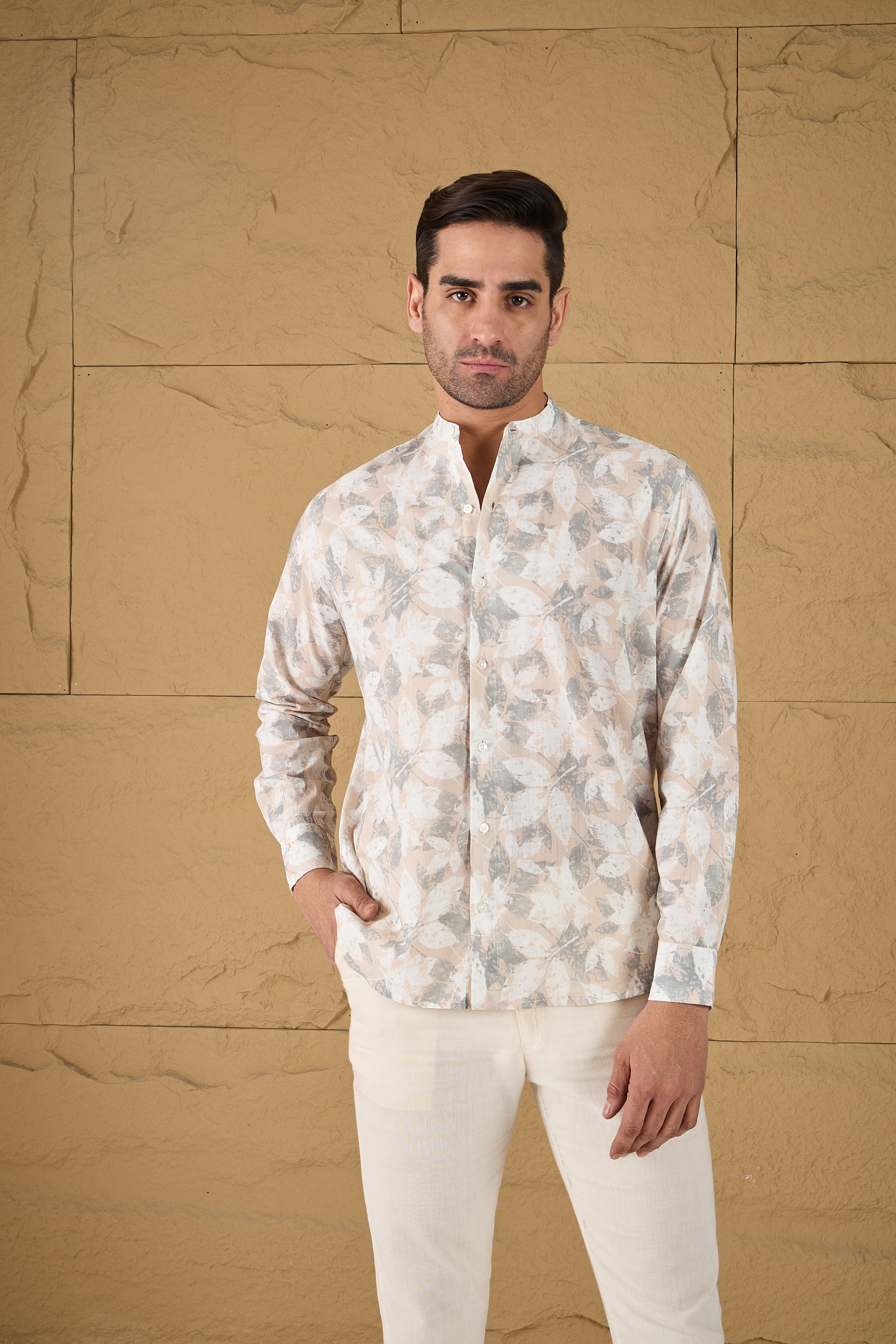 Beige Tropical Print Cotton Shirt