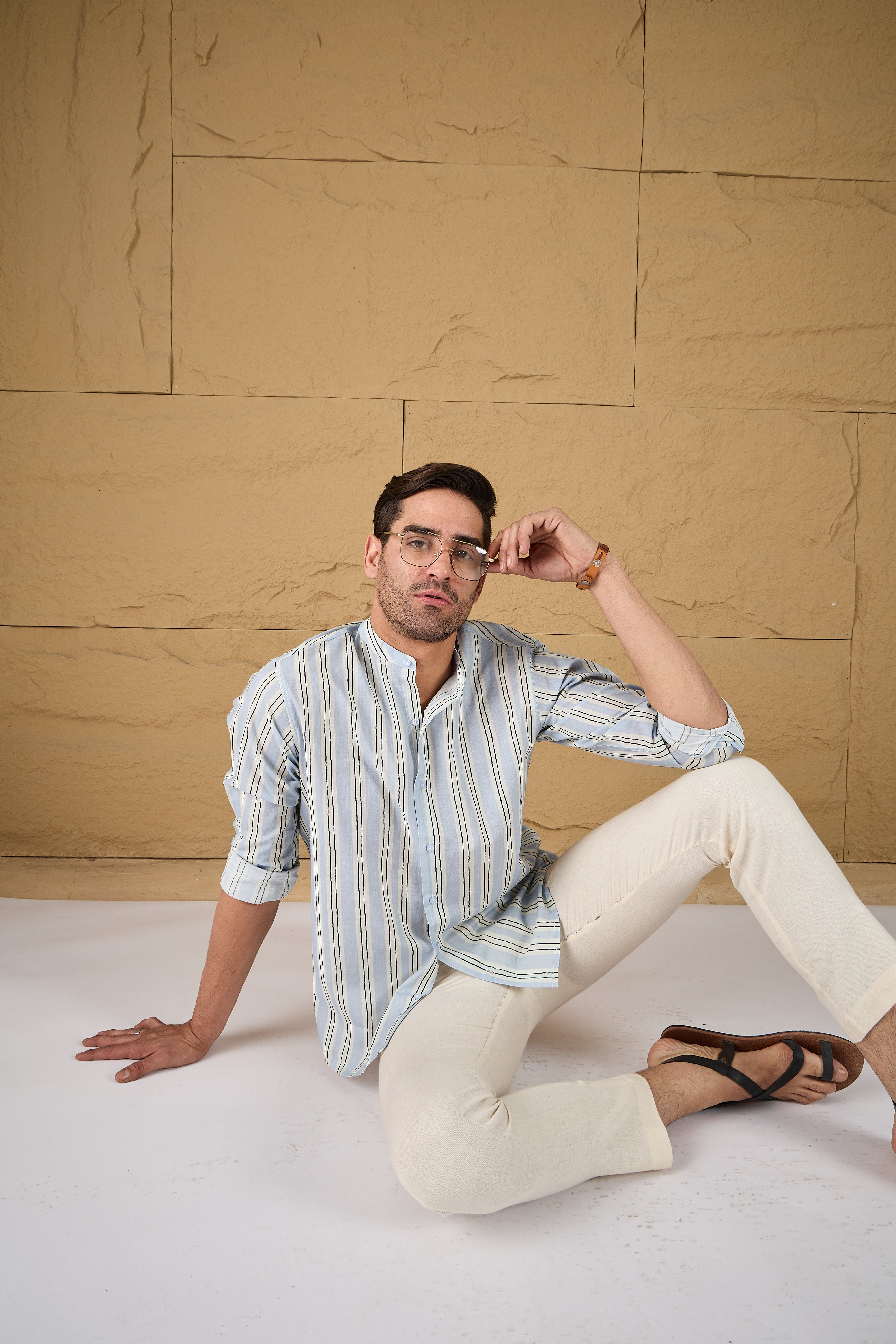 Blue Striped Printed Cotton Shirt