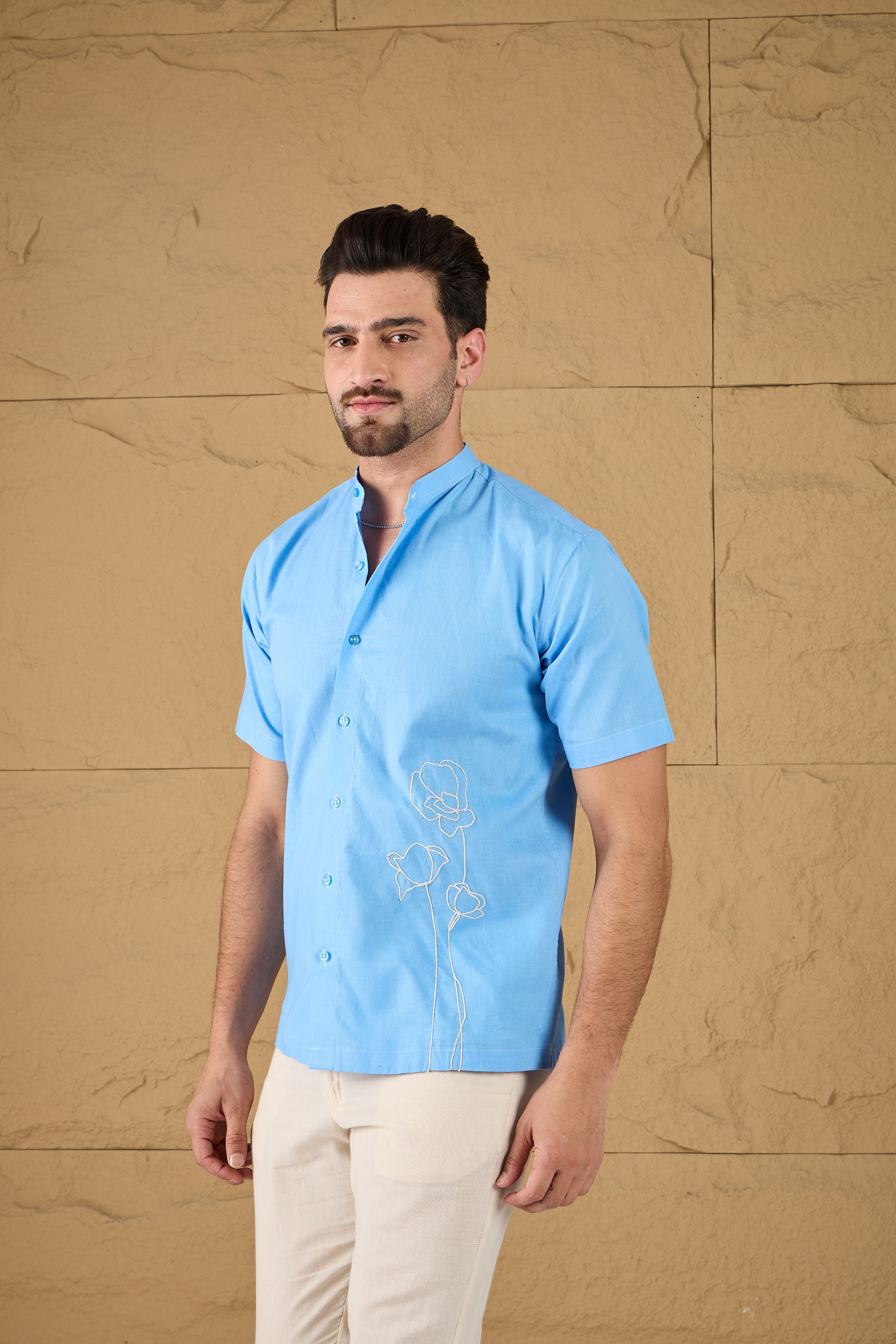 Heaven Blue Embroidered Linen Shirt