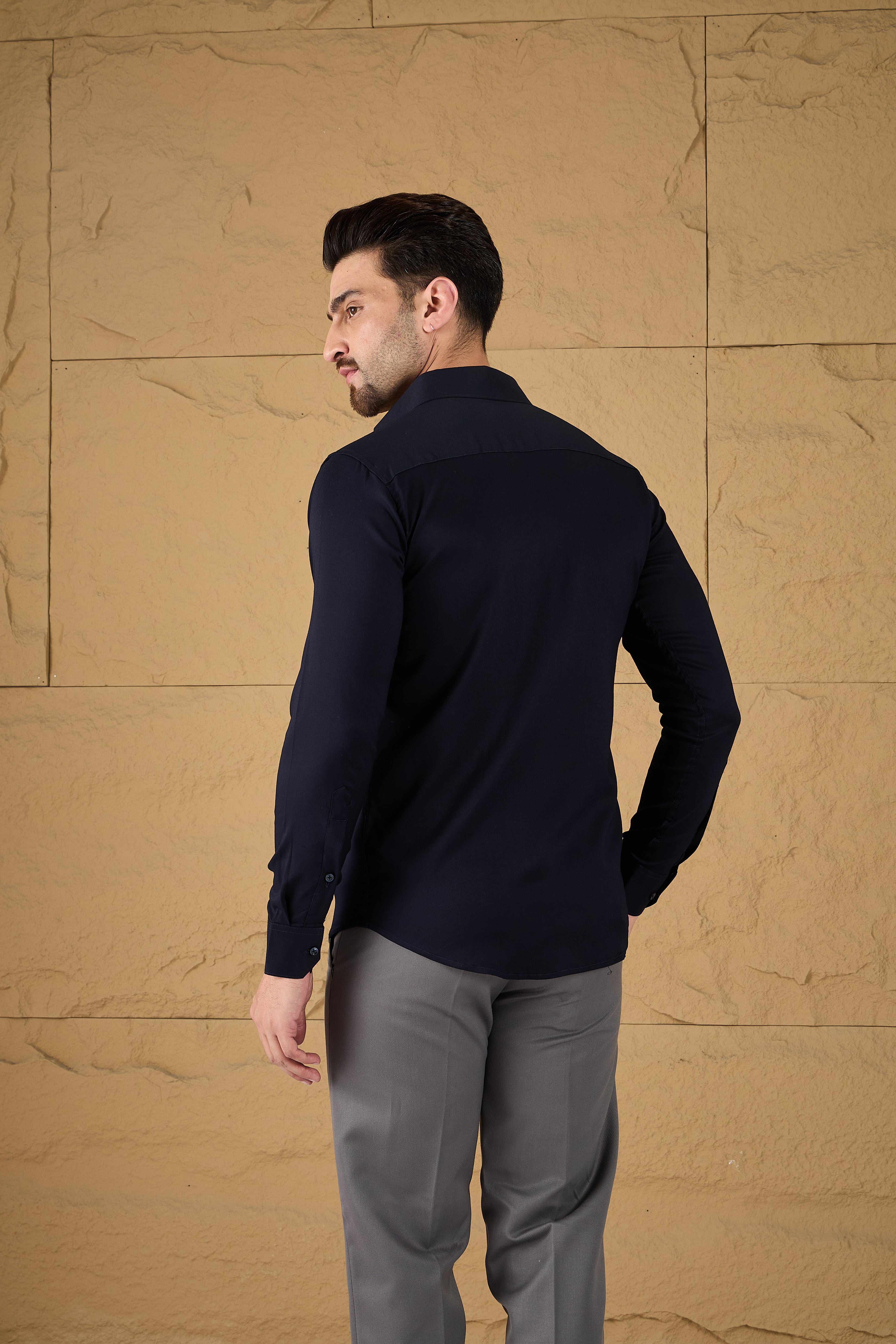 Midnight Blue Twill Stretch Embroidered Shirt