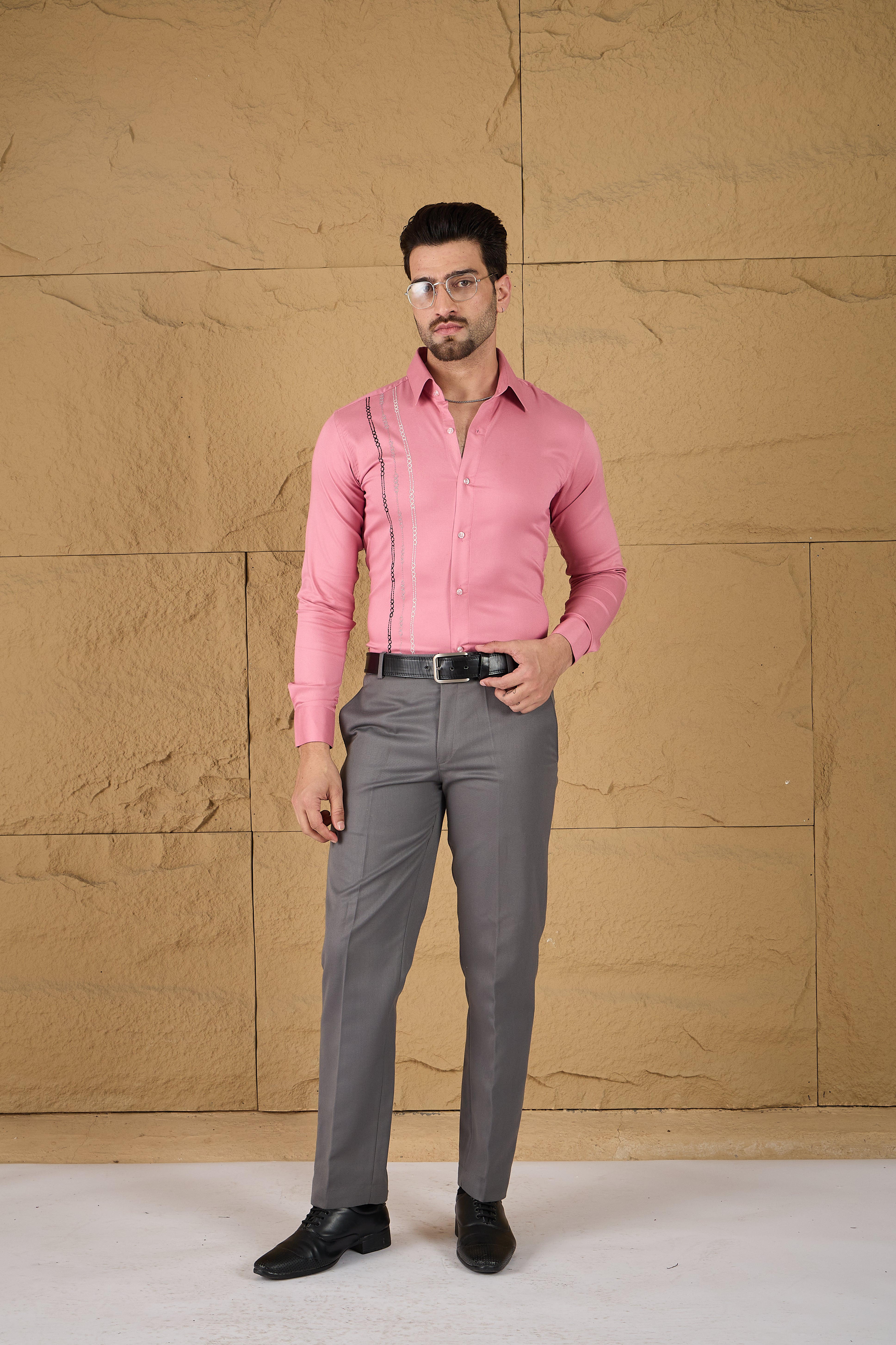 Pink Twill Stretch Embroidered Shirt