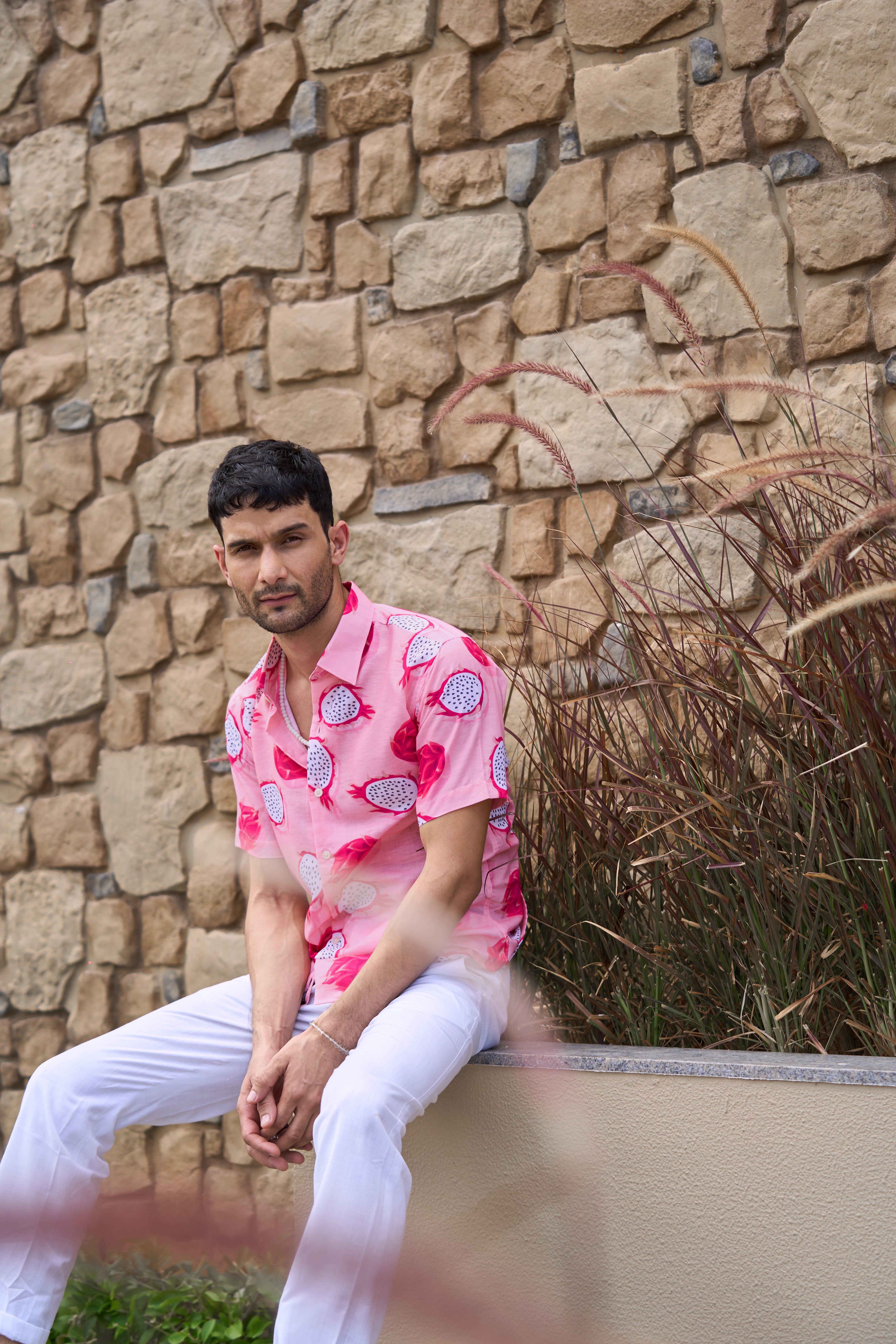 Dragon Pink Printed Linen Blend Shirt
