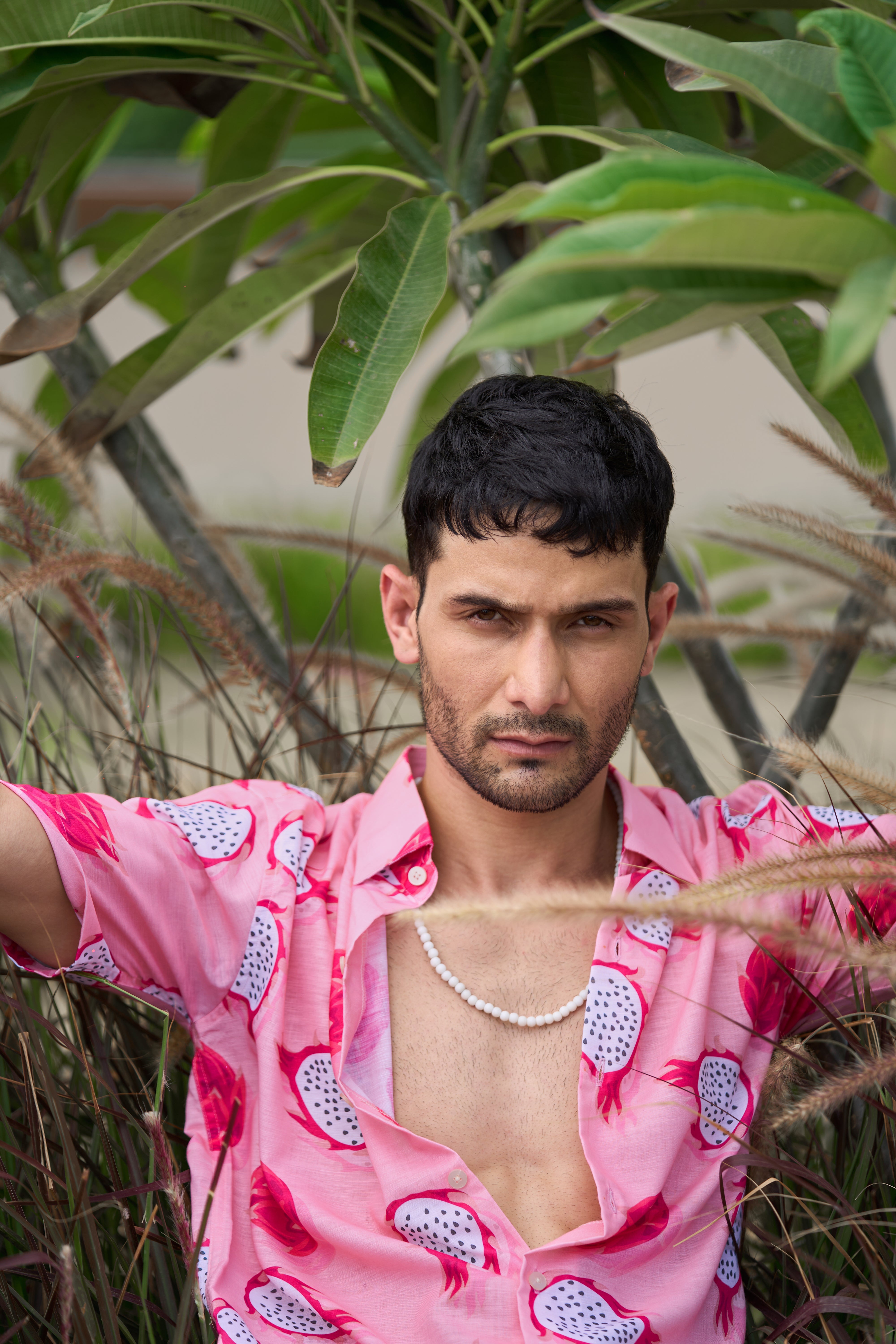 Dragon Pink Printed Linen Blend Shirt