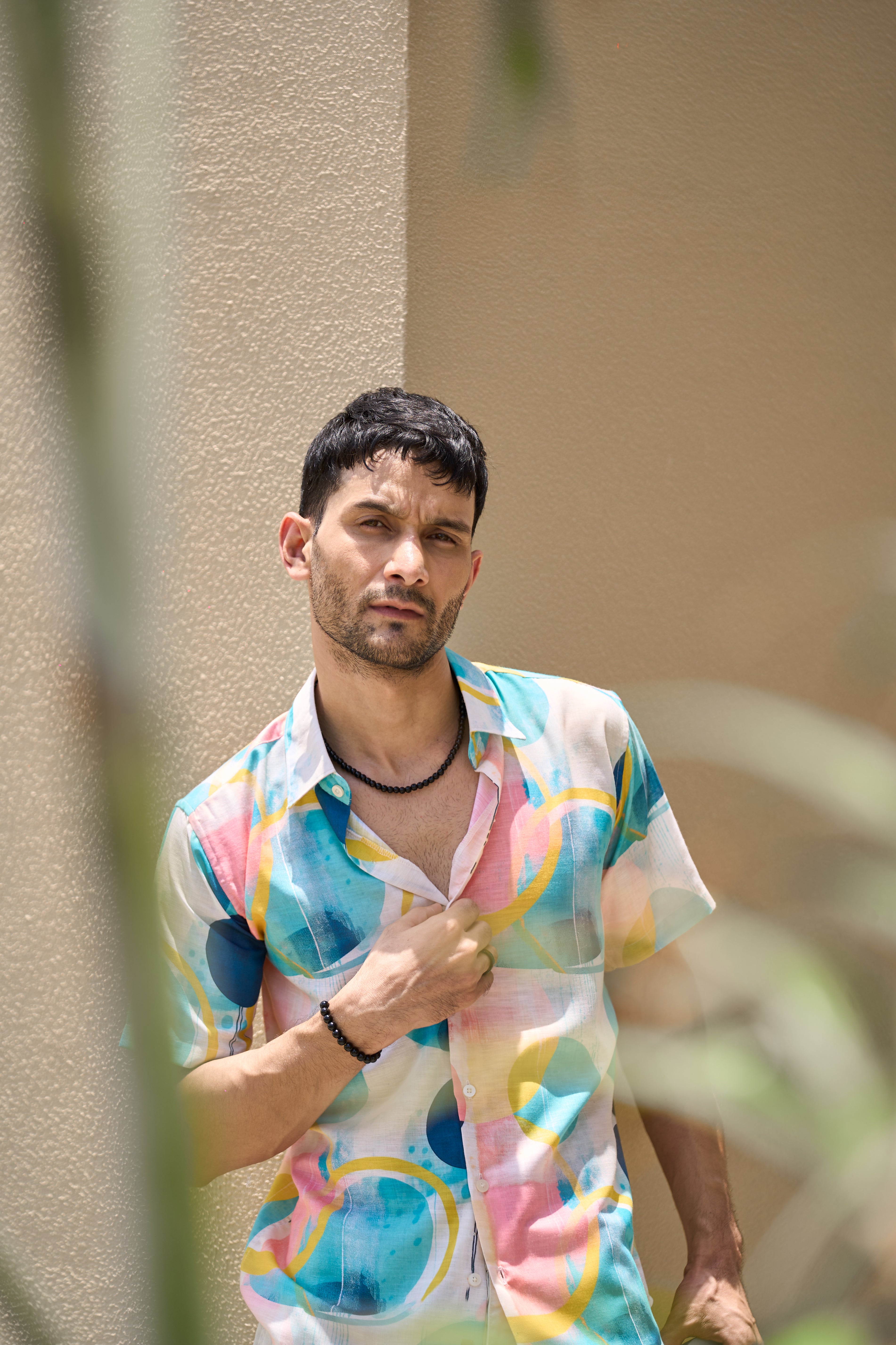 Peachy Aqua Haze Abstract Linen Blend Shirt