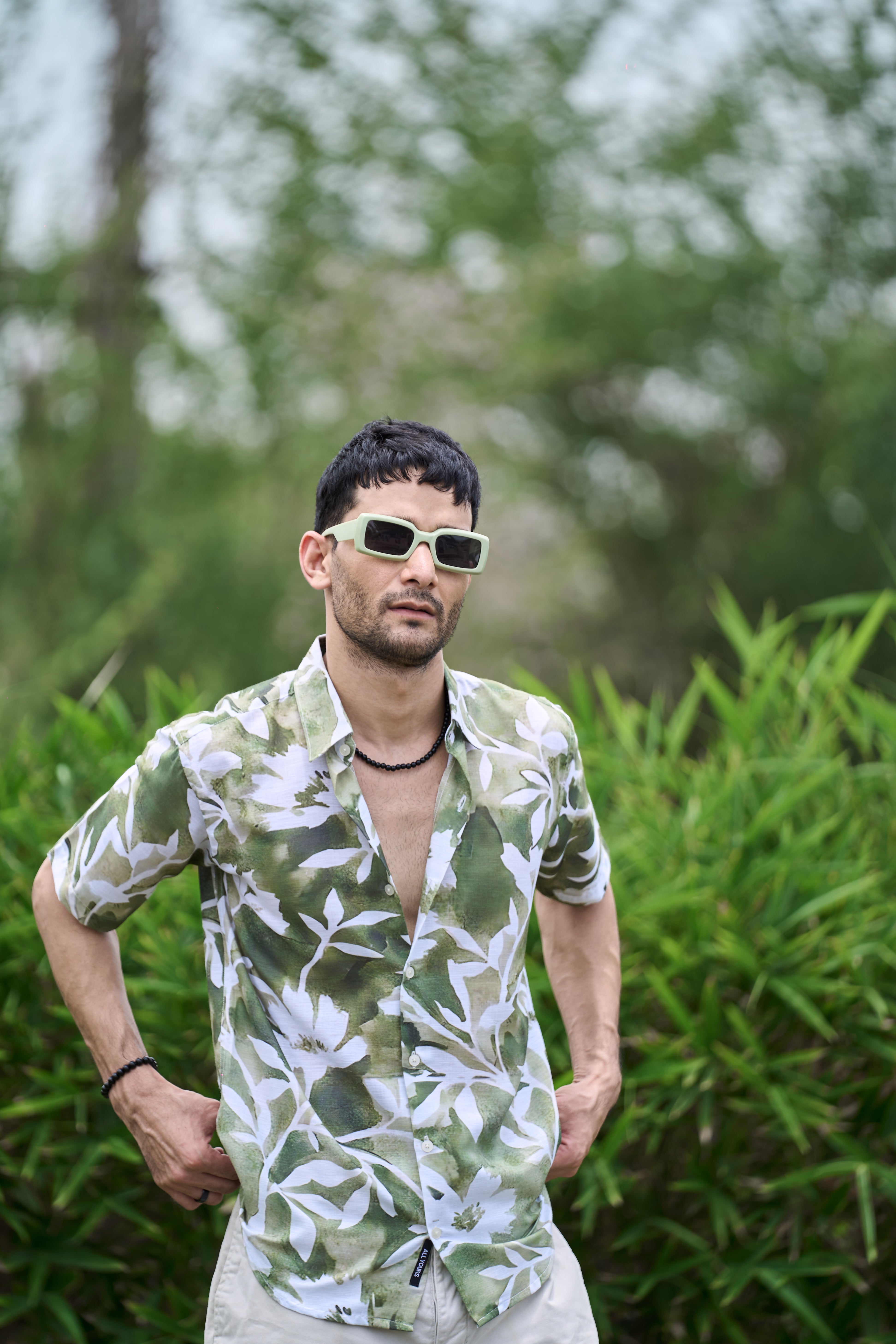 Leafy green Printed Linen Blend Shirt