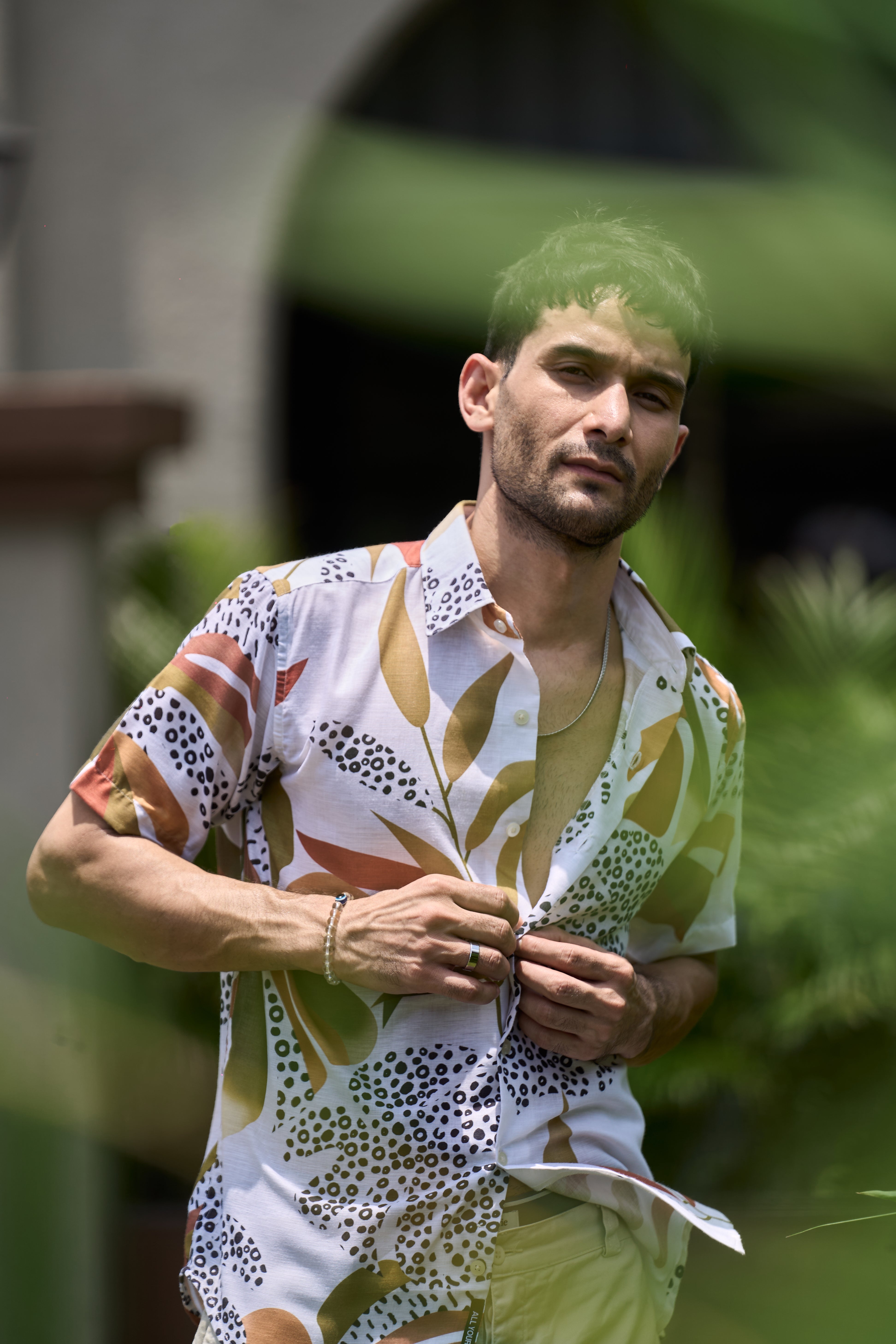 White Printed Linen Blend Shirt