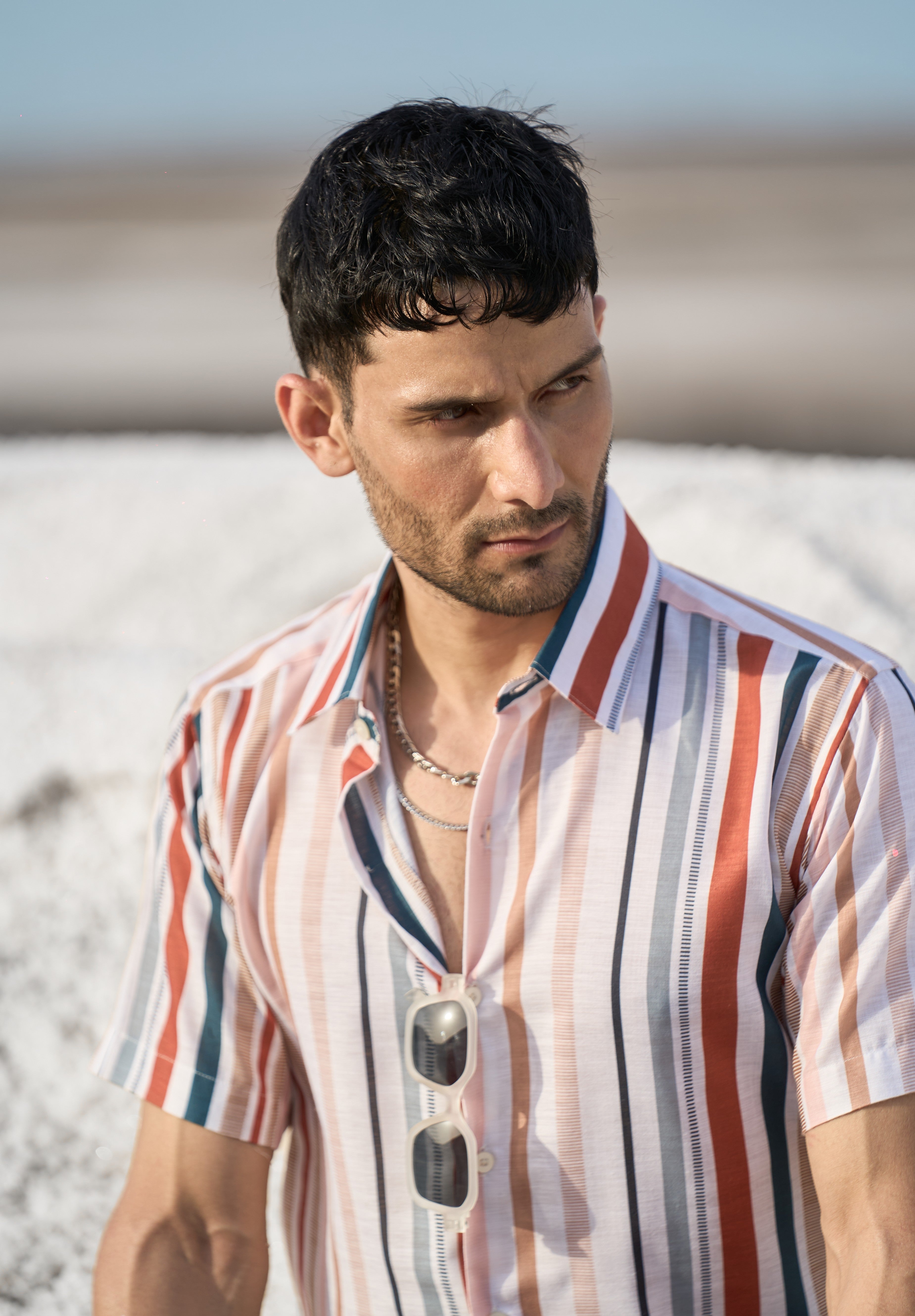 Multicolor Stripes Printed Linen Blend Shirt