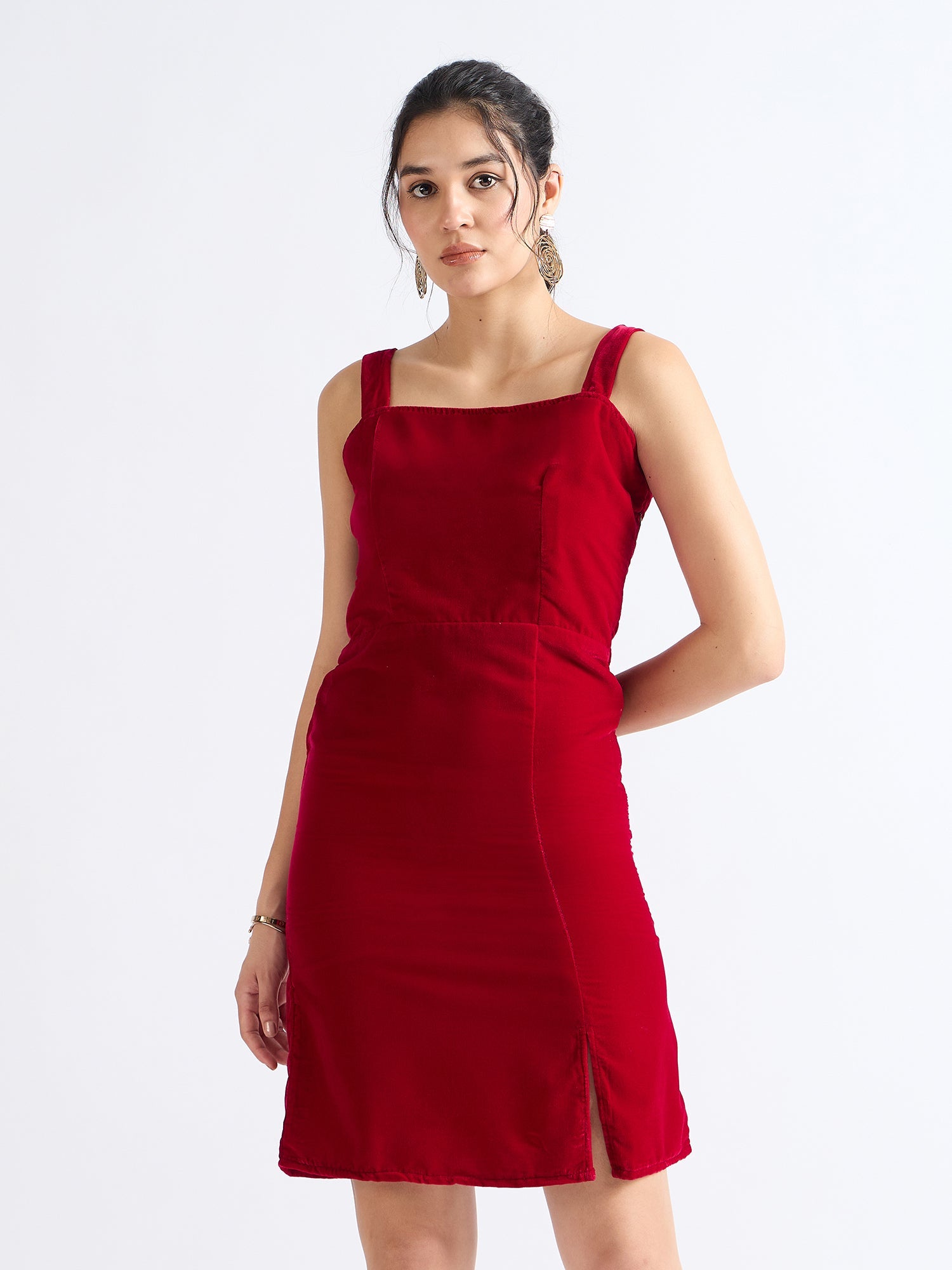 Red Wine Shoulder-Baring Fit & Flare Velvet Dress AllYours Red Wine Shoulder-Baring Fit & Flare Velvet Dress AllYours