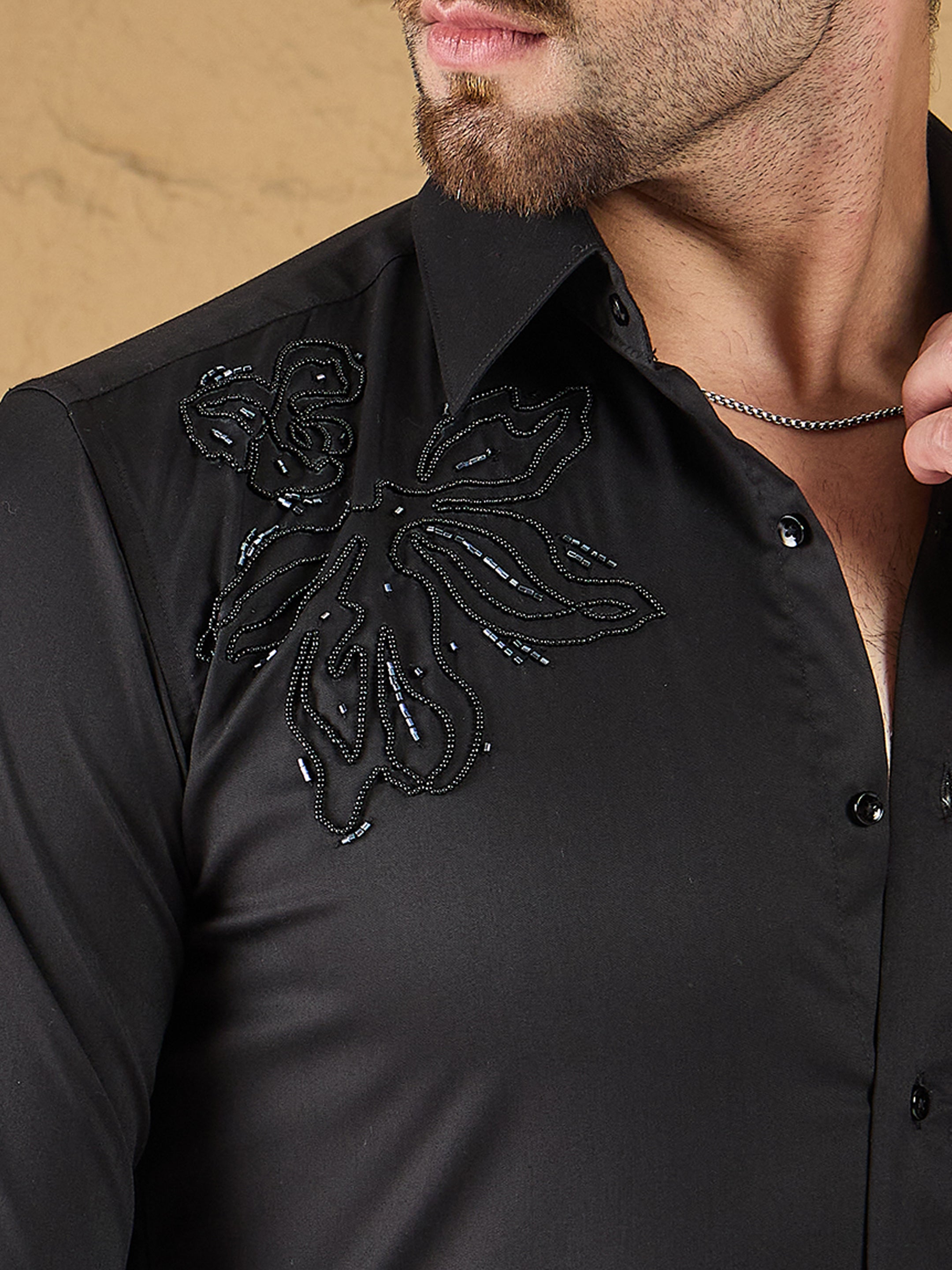Carbon Black Embroidered Stretch Cotton Shirt
