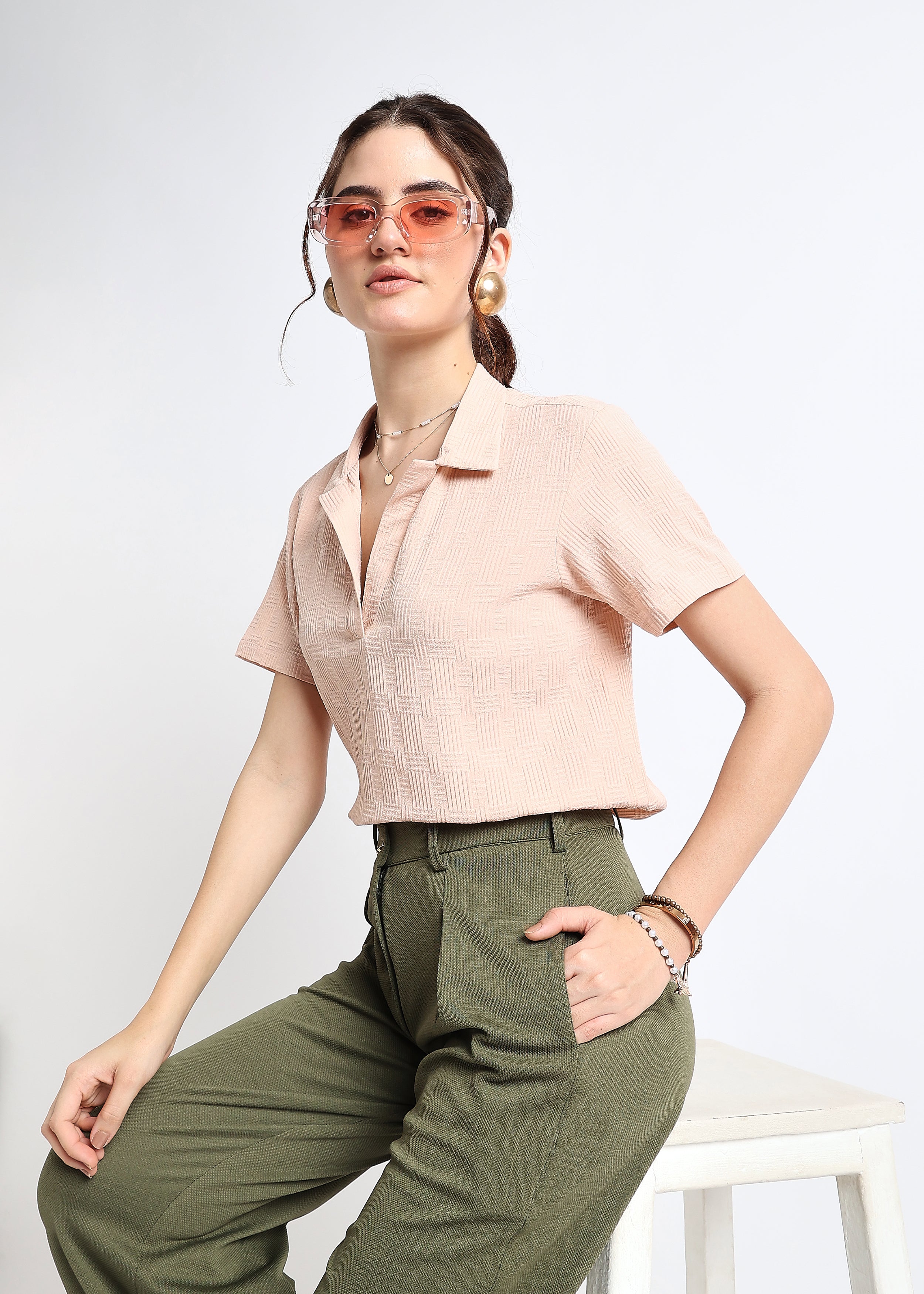 All Yours All Yours Beige Self Design Polo Collar T-Shirt Sitting