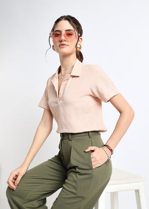 All Yours All Yours Beige Self Design Polo Collar T-Shirt Sitting