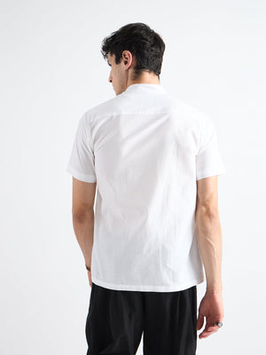 All Yours All Yours Pearl white Mandarin Collar Linen Shirt Sitting back