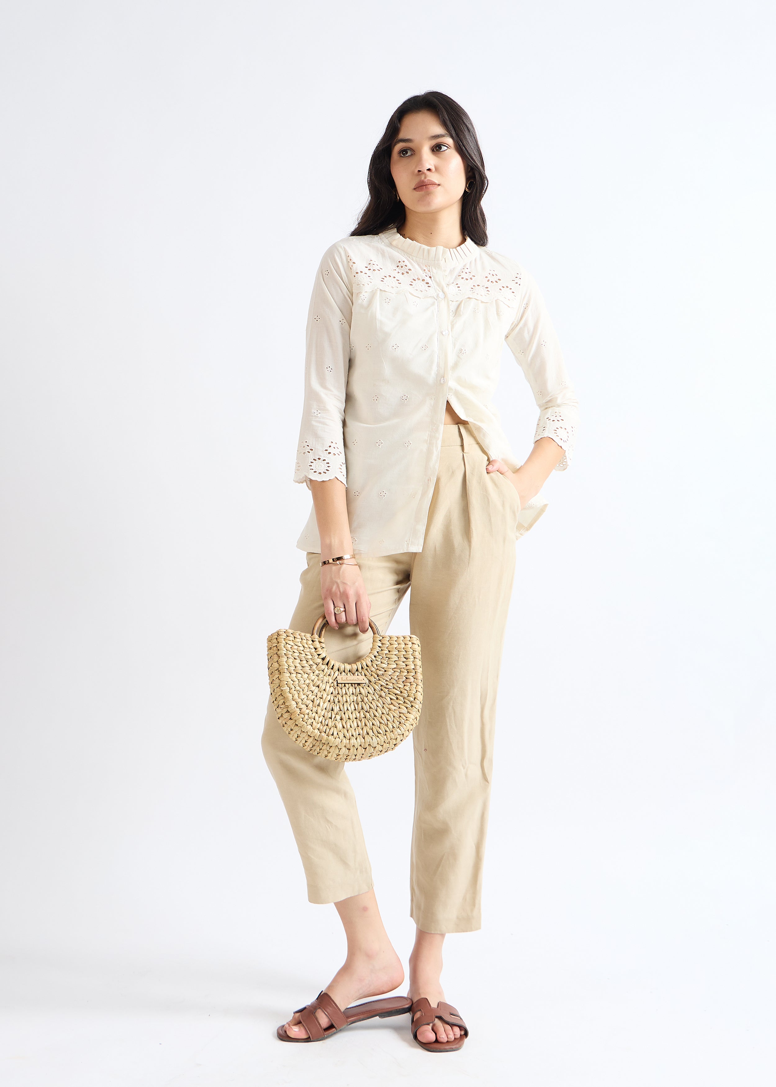 All Yours Biege Mandarin Collar Cotton Blouse Front_2