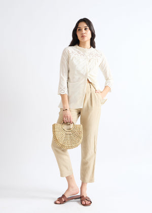All Yours Biege Mandarin Collar Cotton Blouse Front_2