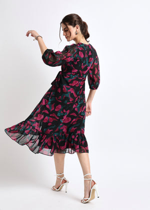 All Yours Black Abstract Print Georgette Wrap Dress Back