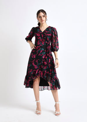 All Yours Black Abstract Print Georgette Wrap Dress Front_1