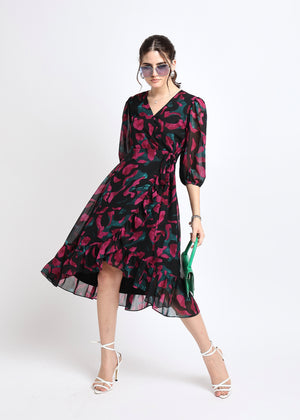 All Yours Black Abstract Print Georgette Wrap Dress Front_2