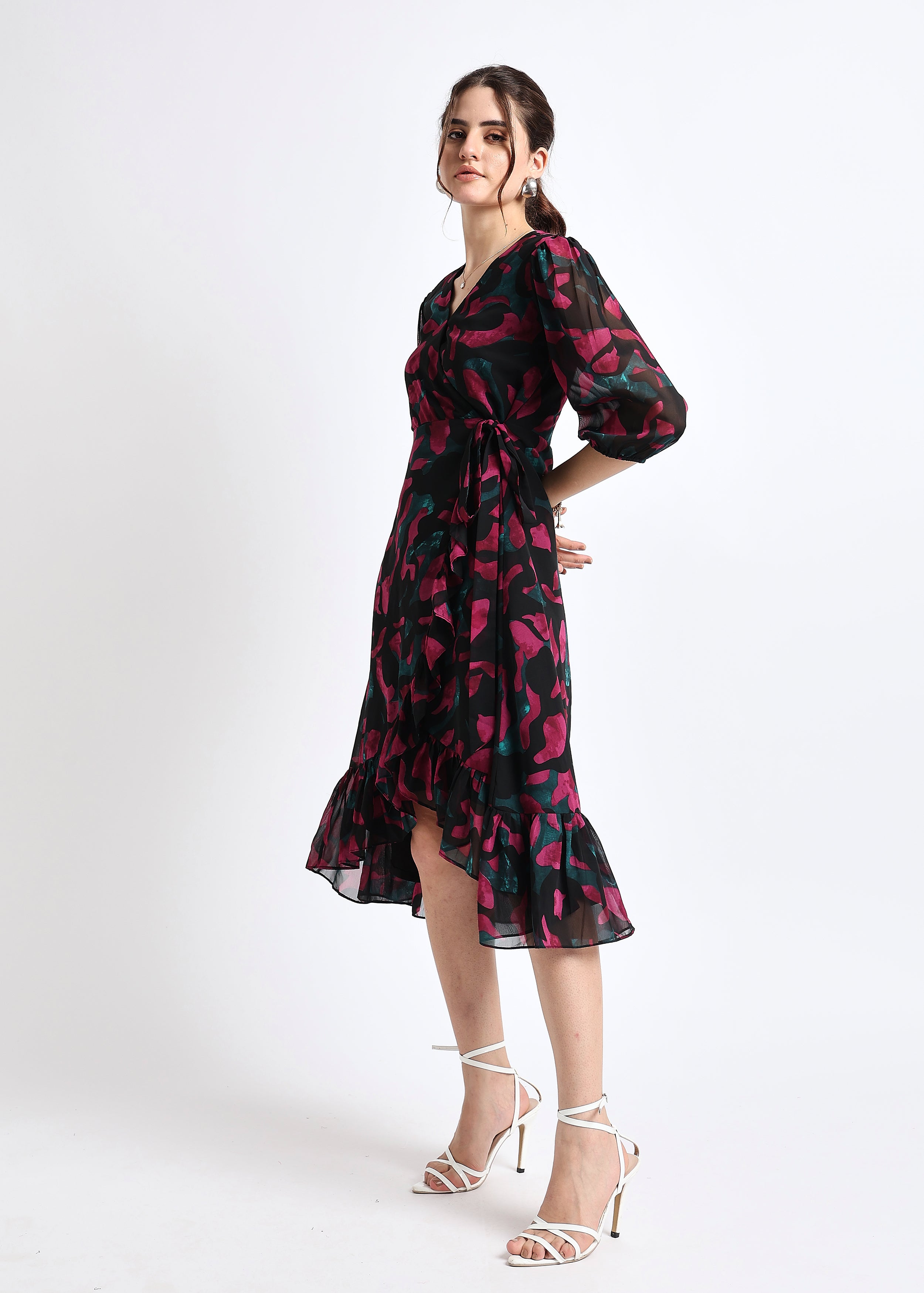 All Yours Black Abstract Print Georgette Wrap Dress Side