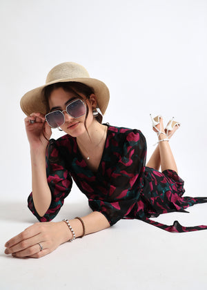 All Yours Black Abstract Print Georgette Wrap Dress Sitting