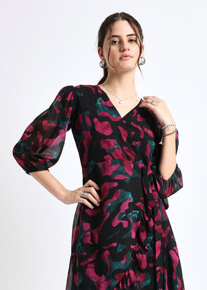 All Yours Black Abstract Print Georgette Wrap Dress Zoom