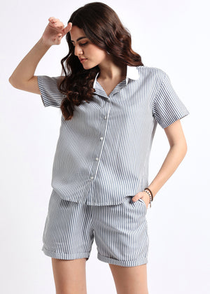 All Yours Blue Stripe Shirt With Shorts Co-ord Set Front_1