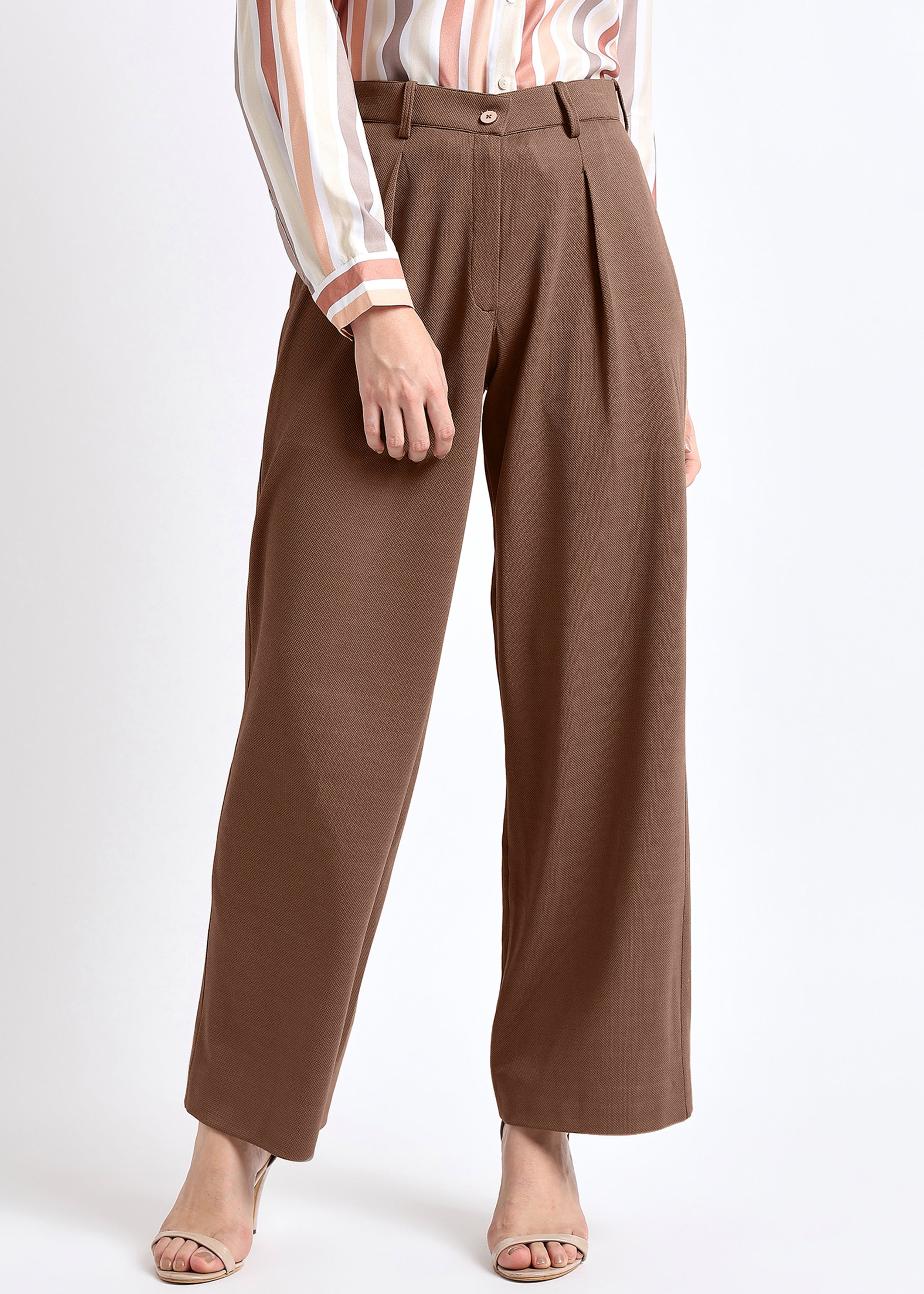 All Yours Brown Solid Front Pleated Trouser Front_1