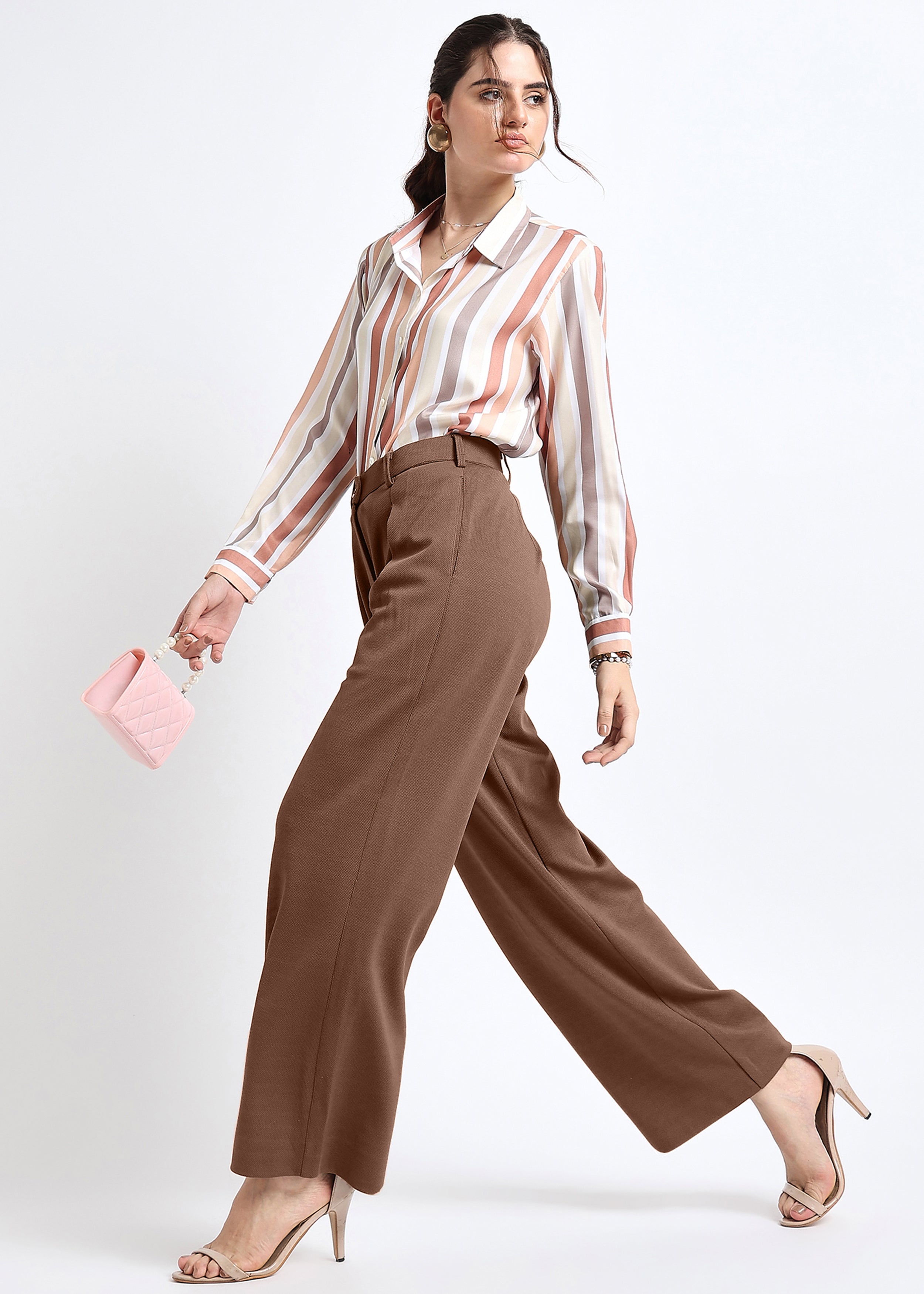 All Yours Brown Solid Front Pleated Trouser Sitting_3