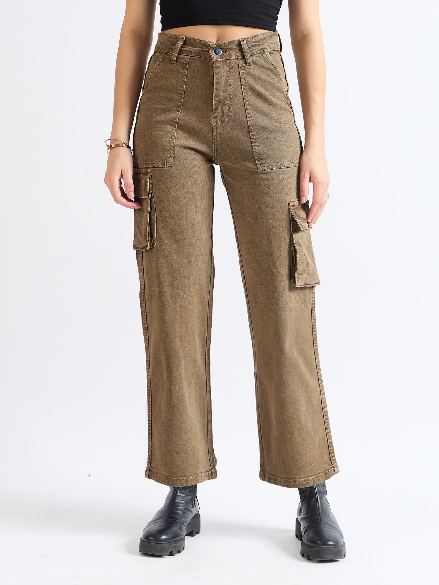 All Yours Brown Wide Leg Cargo Jeans Front_1