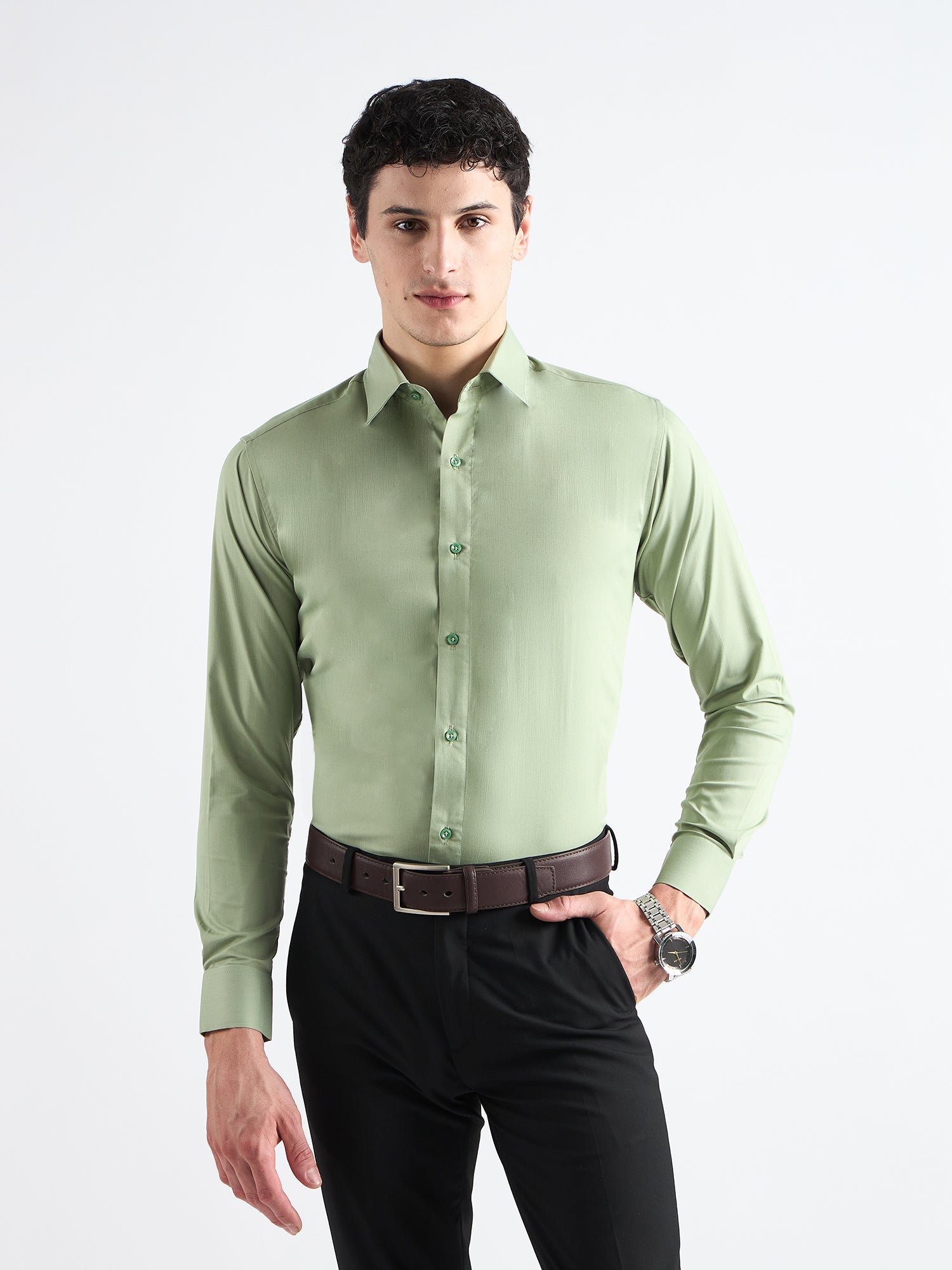 All Yours Celadon green Plain Stretch Cotton Shirt Front_1