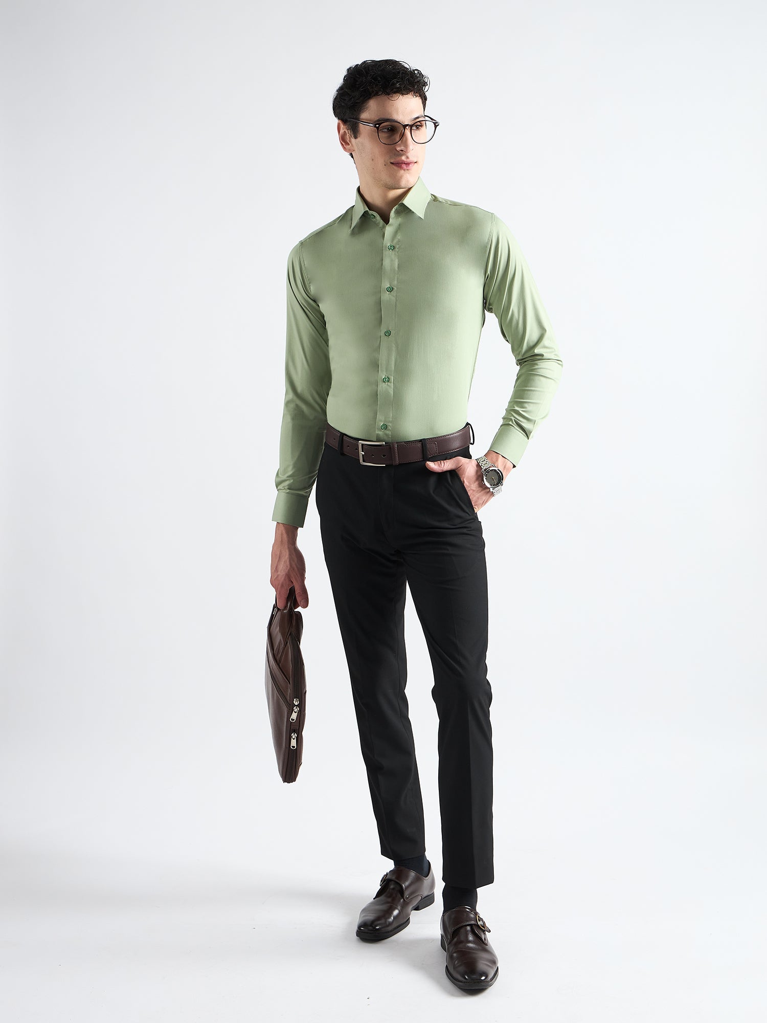 All Yours Celadon green Plain Stretch Cotton Shirt Front_2