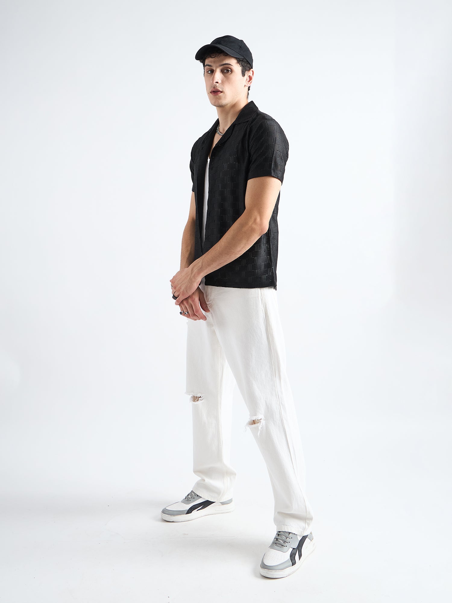 All Yours Charcoal Black Crochet Cuban Shirt Front_1