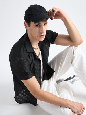 All Yours Charcoal Black Crochet Cuban Shirt Sitting