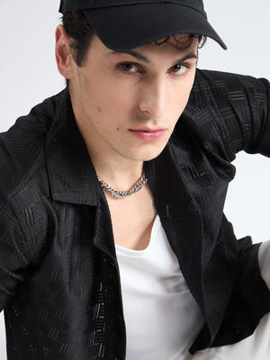 All Yours Charcoal Black Crochet Cuban Shirt Zoom