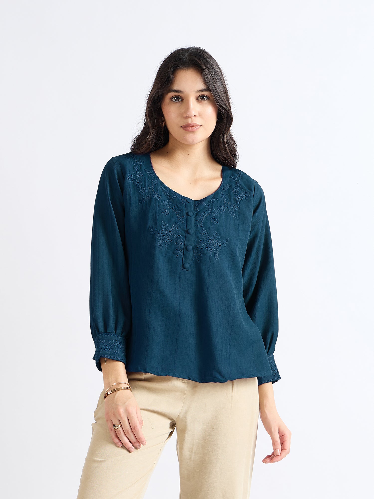 All Yours Chathams Blue Floral Embroidered Blouse: Elegant and Romantic Front_1