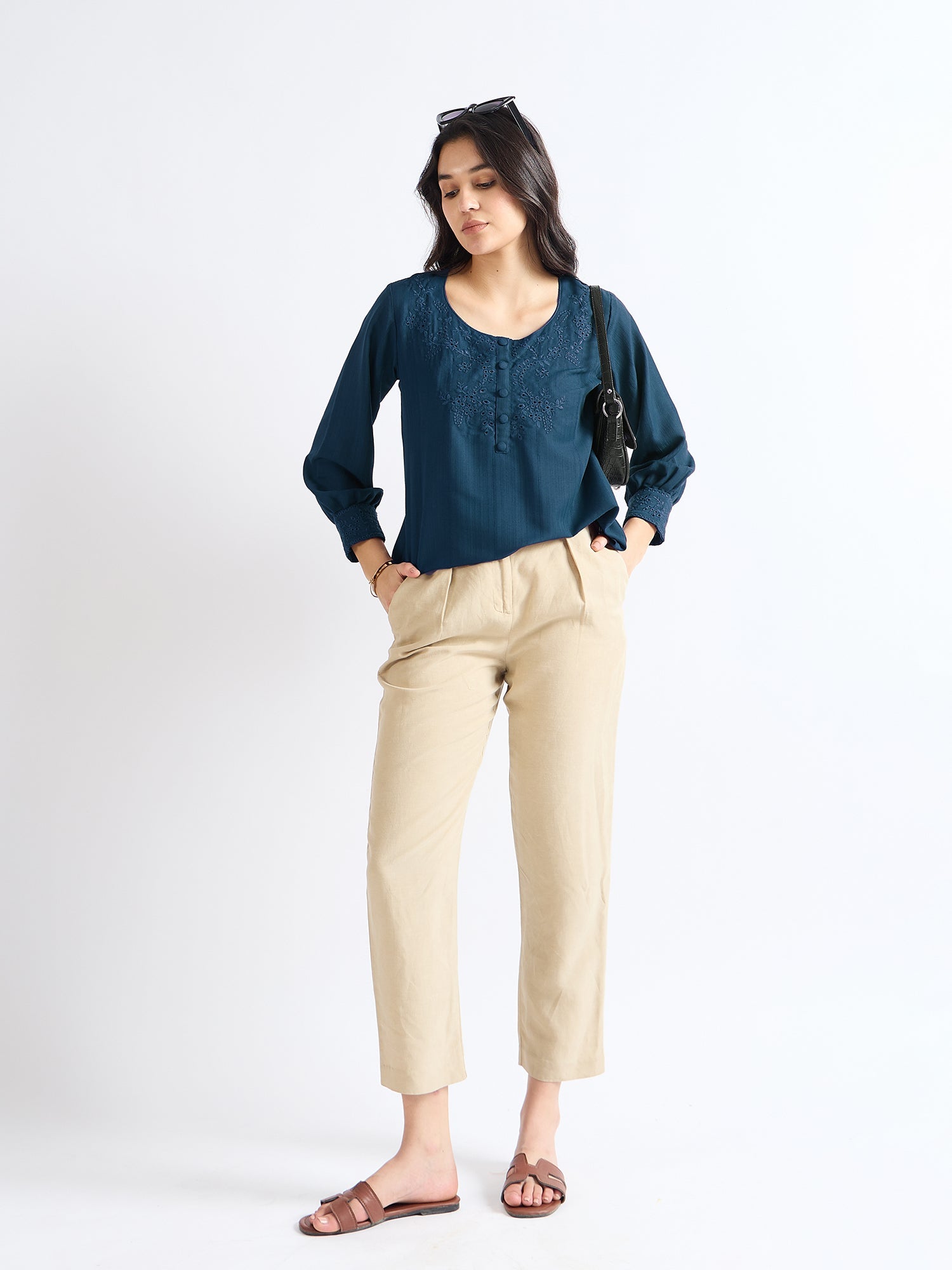 All Yours Chathams Blue Floral Embroidered Blouse: Elegant and Romantic Front_2