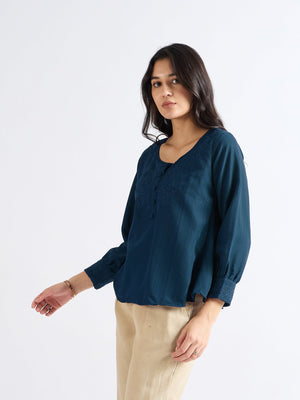 All Yours Chathams Blue Floral Embroidered Blouse: Elegant and Romantic Side