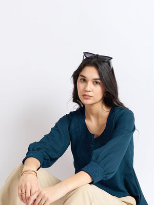 All Yours Chathams Blue Floral Embroidered Blouse: Elegant and Romantic Zoom
