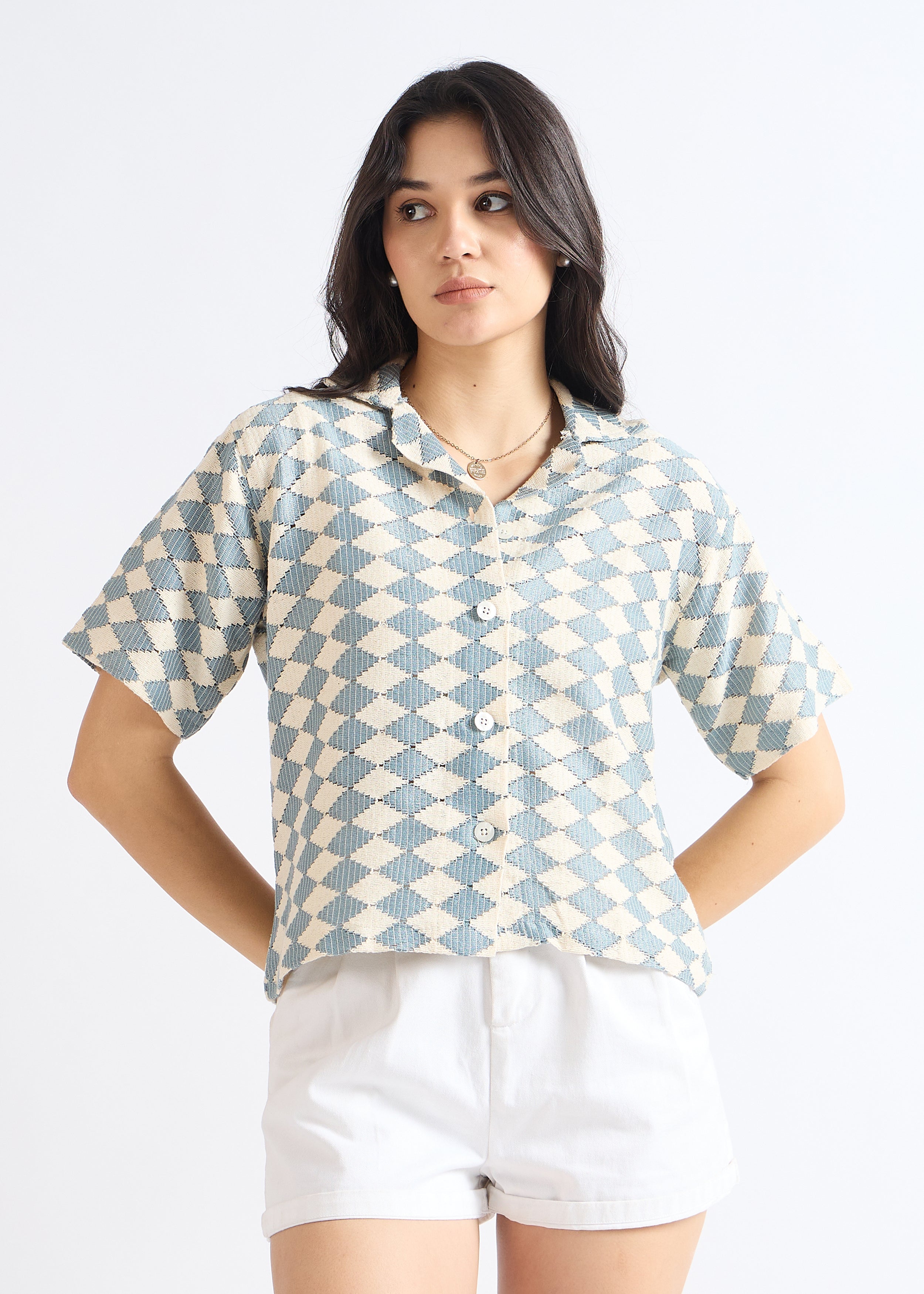 All Yours Cyan Blue Crochet Cuban Shirt Front_1