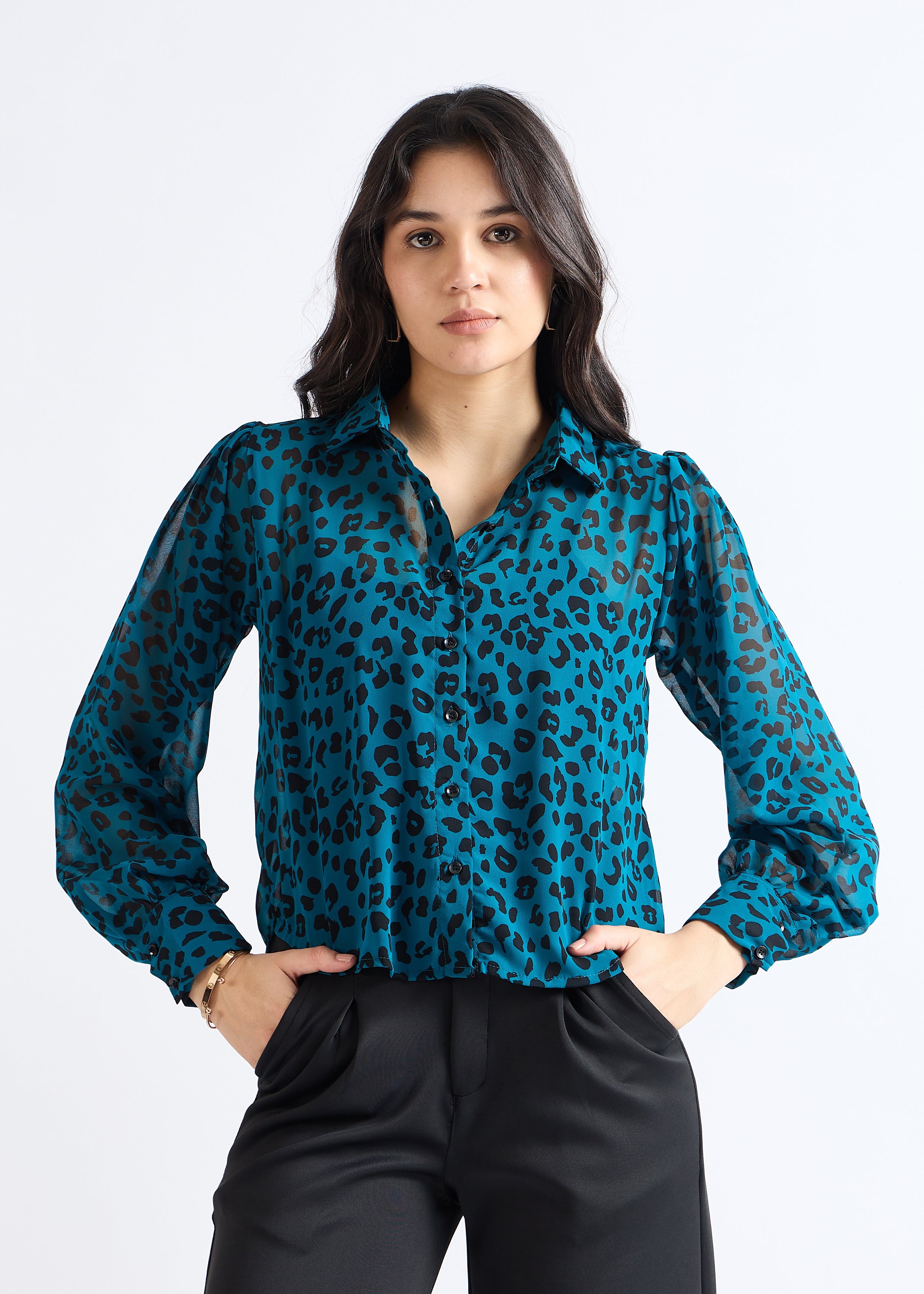 All Yours Dark Aquamarine Animal Print Sheer Shirt Front