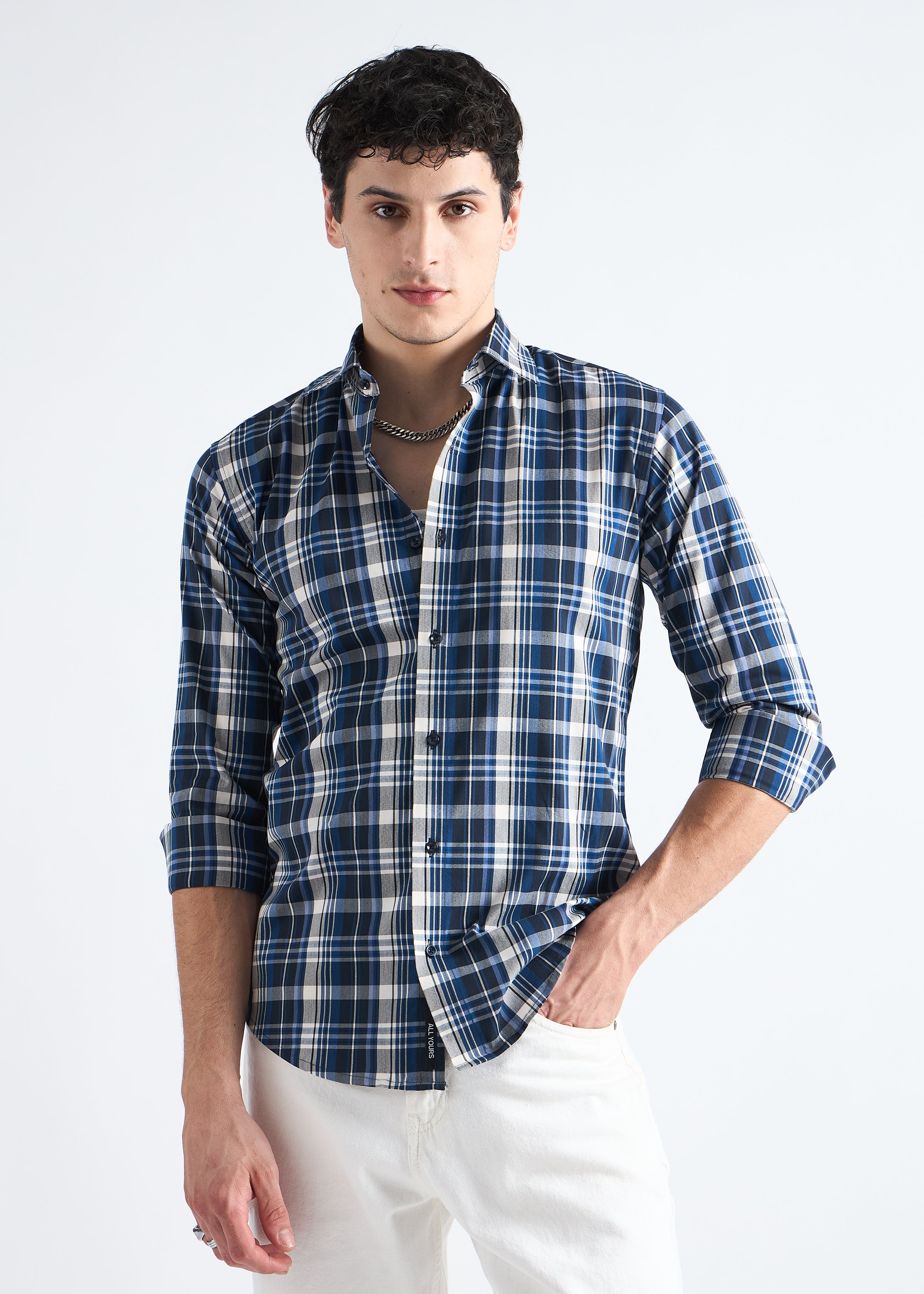 All Yours Dark Blue Premium Cotton Check Shirt Front_1