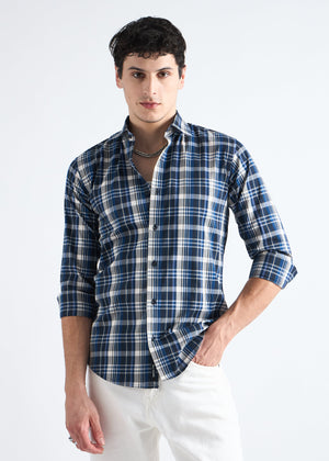 All Yours Dark Blue Premium Cotton Check Shirt Front_1