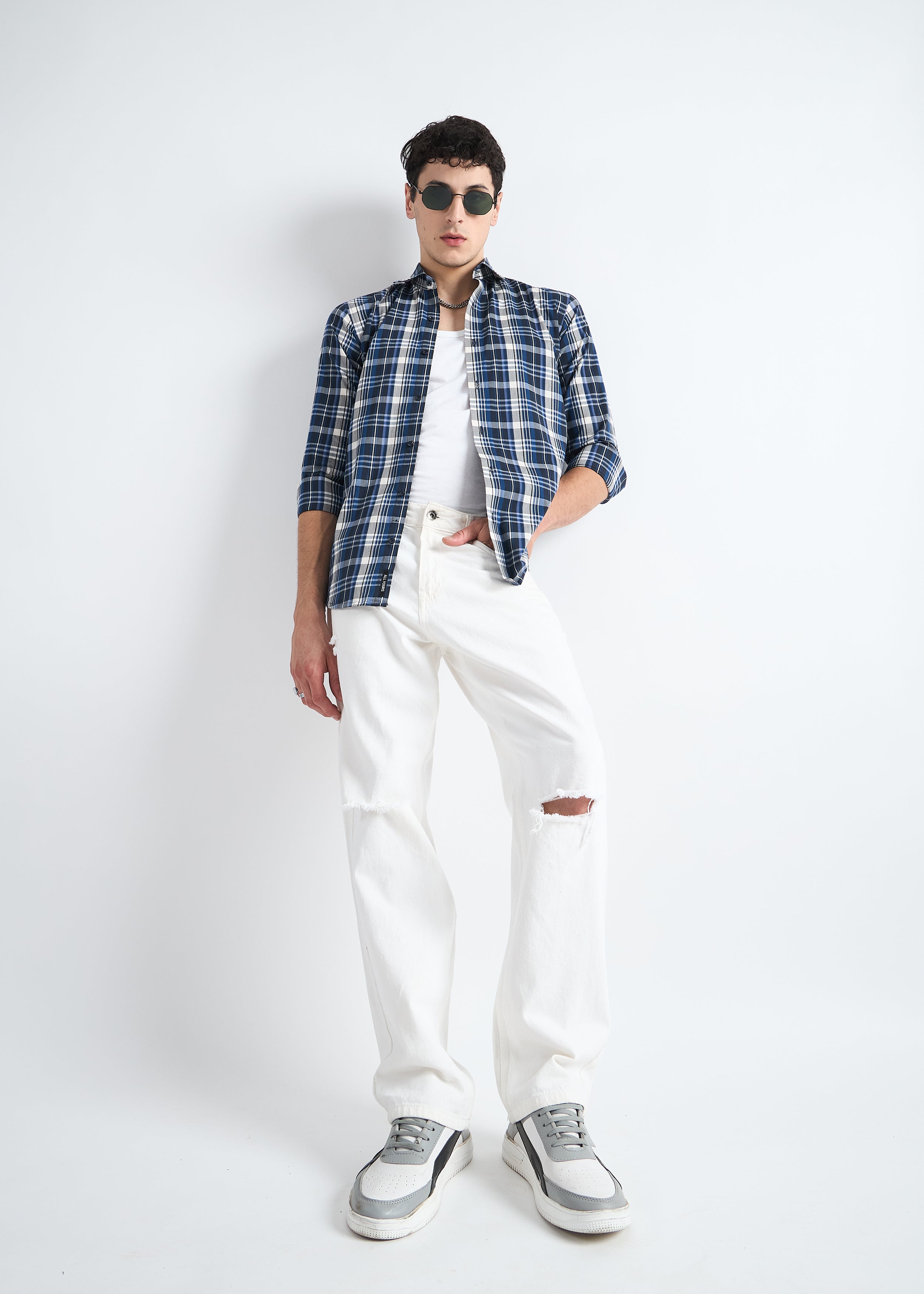 All Yours Dark Blue Premium Cotton Check Shirt Front_2