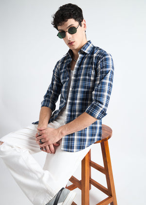 All Yours Dark Blue Premium Cotton Check Shirt Sitting