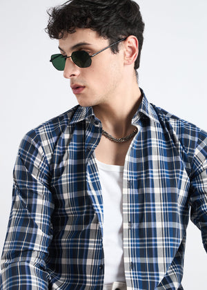 All Yours Dark Blue Premium Cotton Check Shirt Zoom