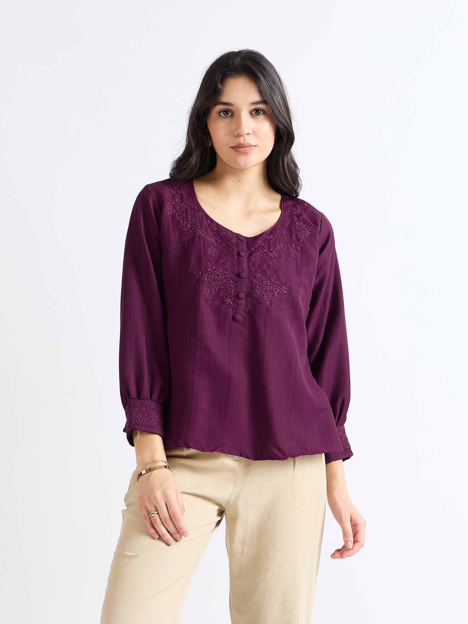 All Yours Dark Raspberry Floral Embroidered Blouse Front_1
