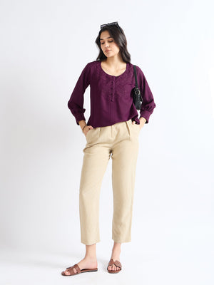 All Yours Dark Raspberry Floral Embroidered Blouse Front_2